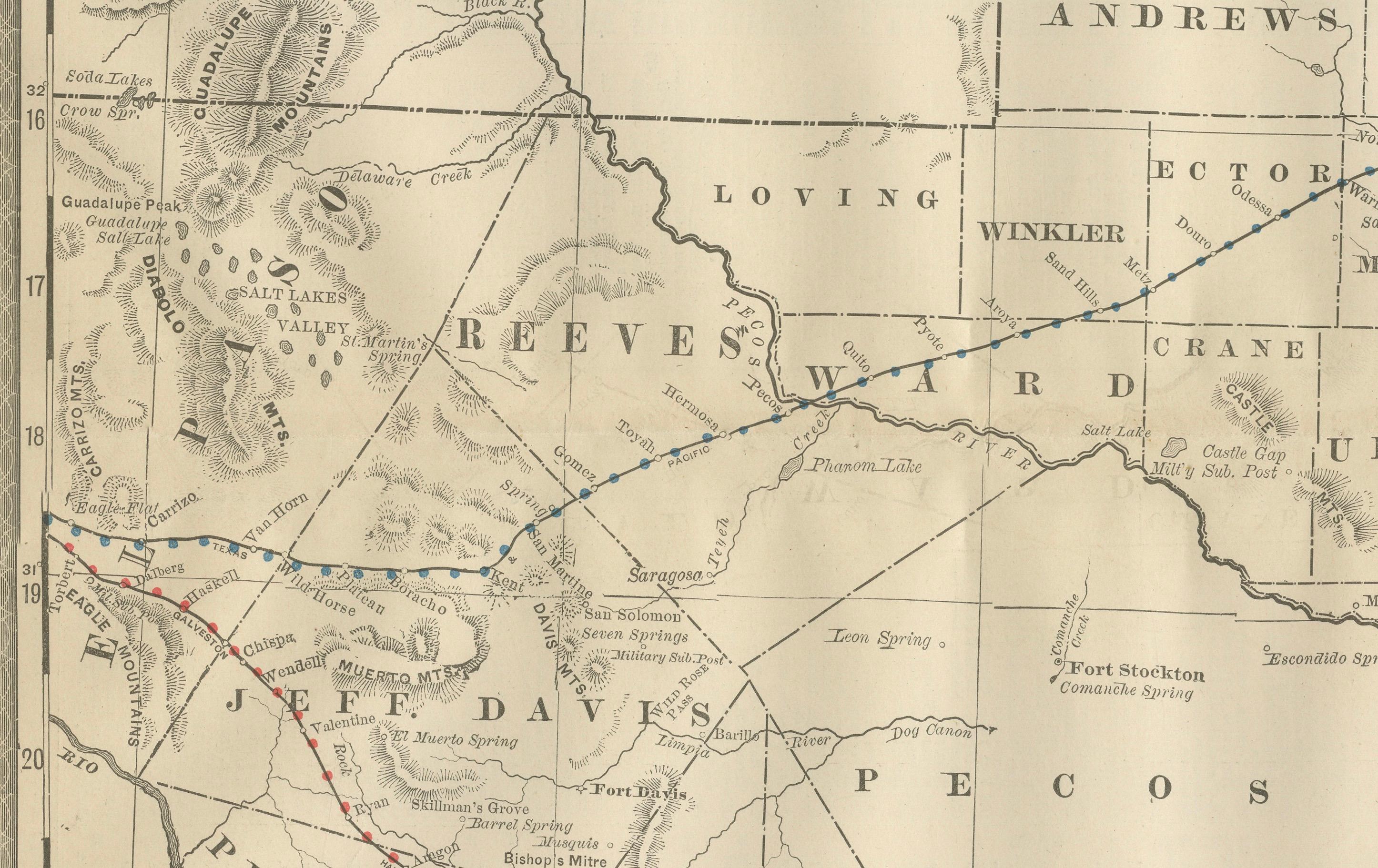 Mappa del Texas occidentale 1888 - Litografia antica di Rand McNally

Questa antica mappa del Texas occidentale del 1888, pubblicata da Rand, McNally & Co., raffigura le vaste contee di frontiera della regione in un'epoca in cui gran parte di queste