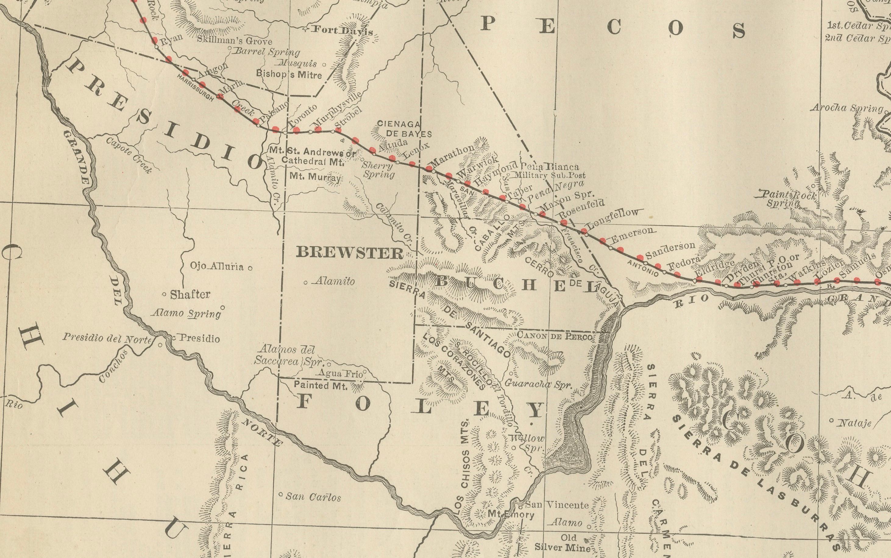 Americano Mappa antica del Texas occidentale 1888 - Ferrovie, contee e Townes di frontiera in vendita