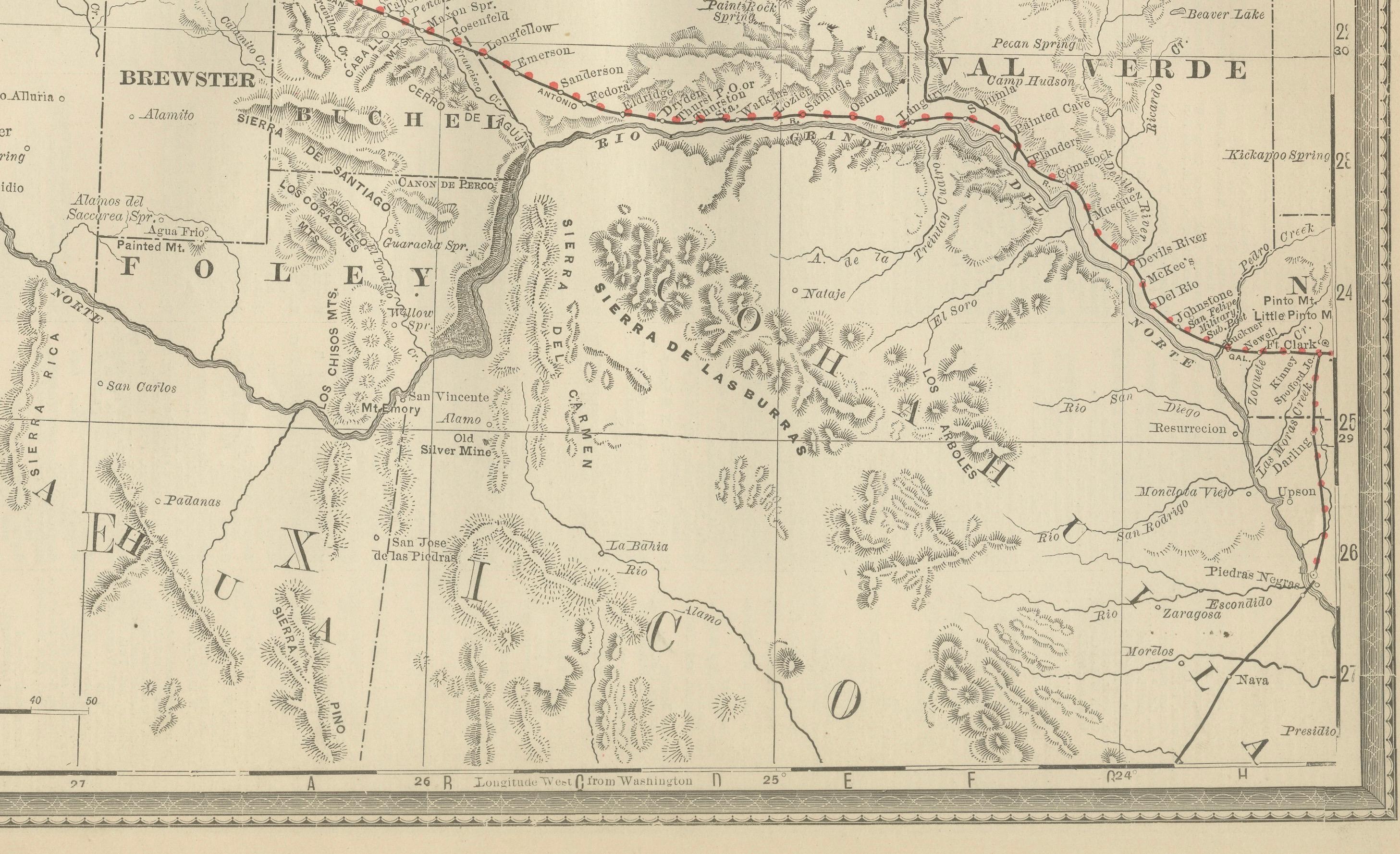 Inciso Mappa antica del Texas occidentale 1888 - Ferrovie, contee e Townes di frontiera in vendita