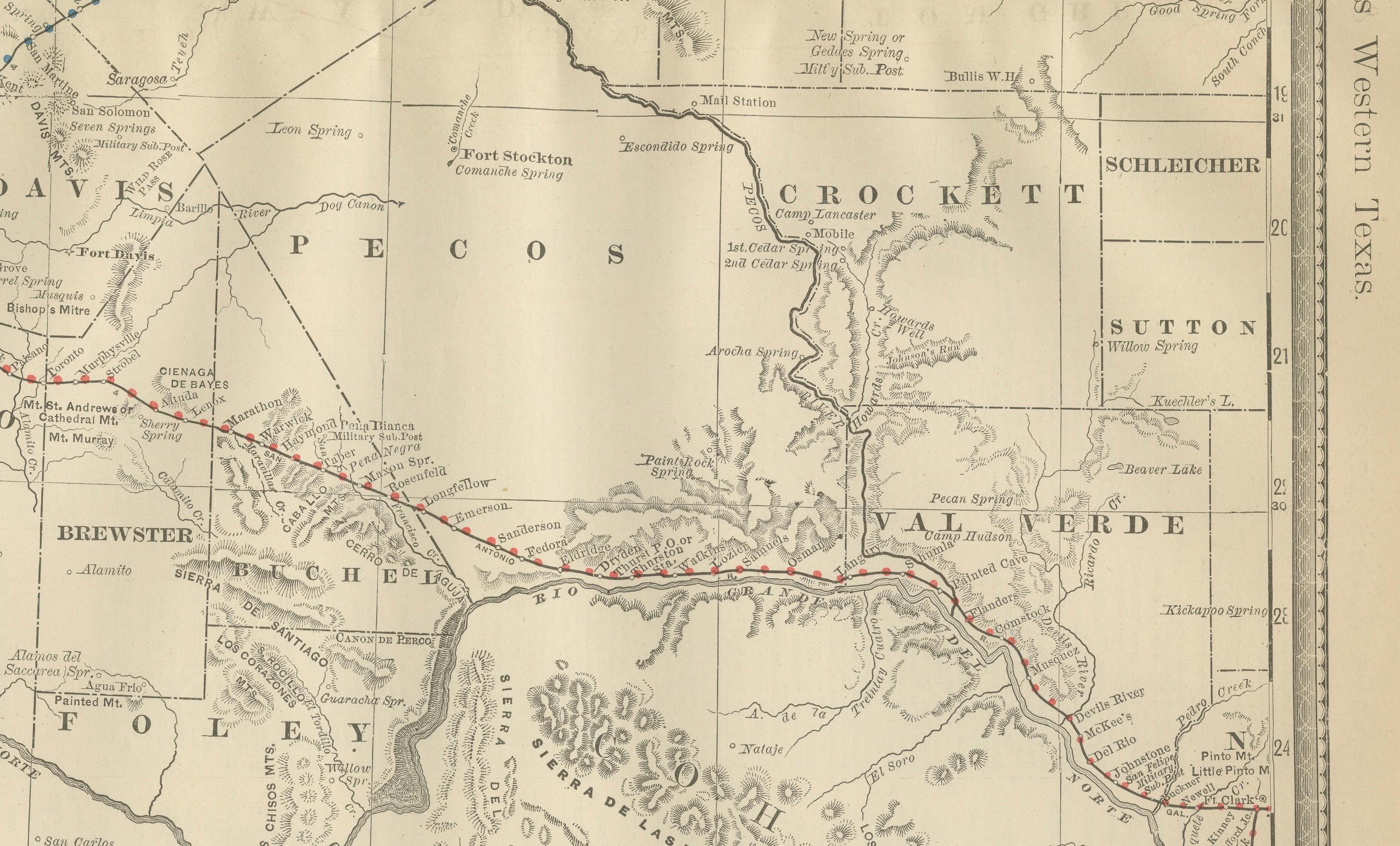 Mappa antica del Texas occidentale 1888 - Ferrovie, contee e Townes di frontiera In condizioni buone in vendita a Langweer, NL