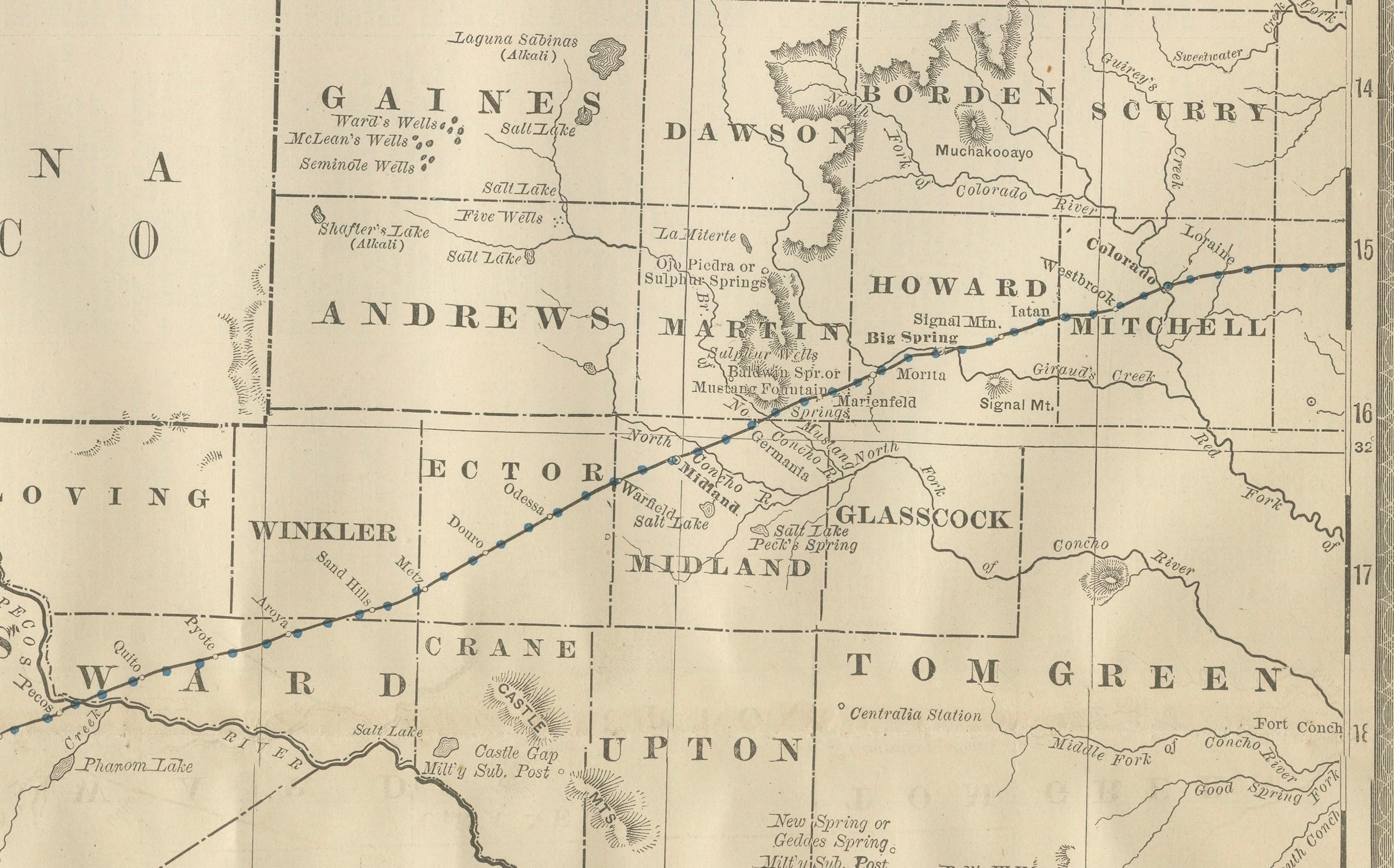 XIX secolo Mappa antica del Texas occidentale 1888 - Ferrovie, contee e Townes di frontiera in vendita