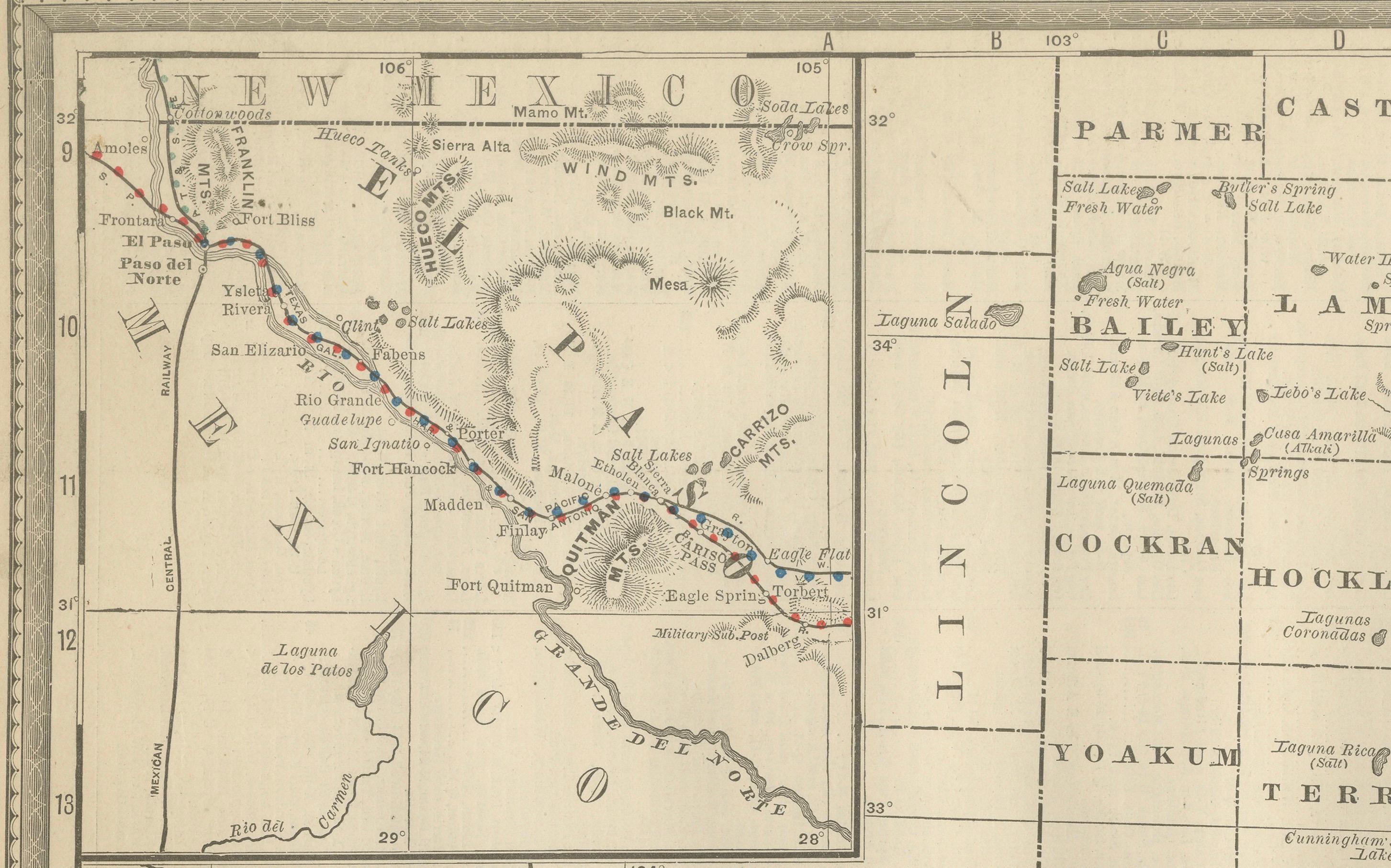 Mappa antica del Texas occidentale 1888 - Ferrovie, contee e Townes di frontiera in vendita 1