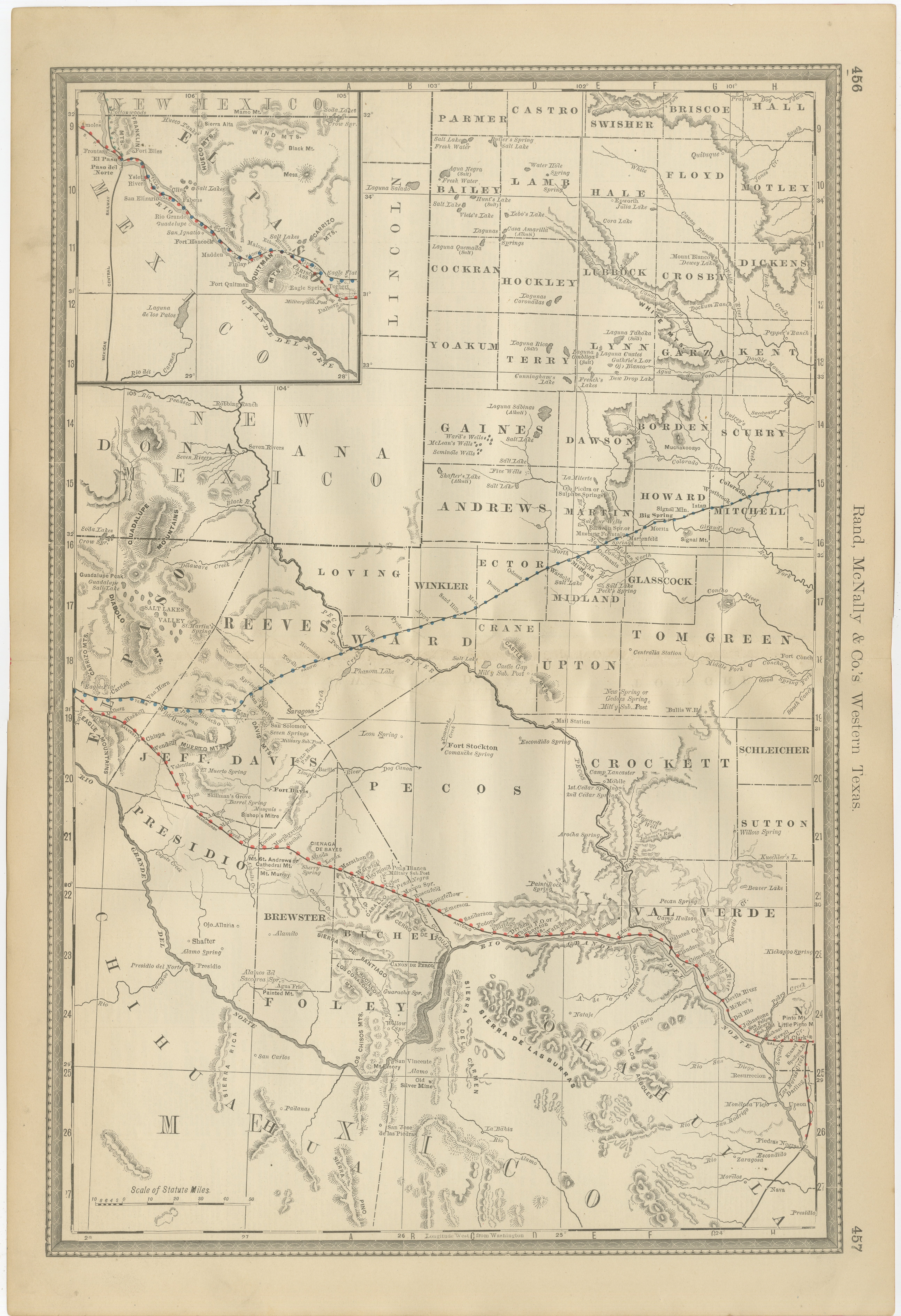 Mappa antica del Texas occidentale 1888 - Ferrovie, contee e Townes di frontiera