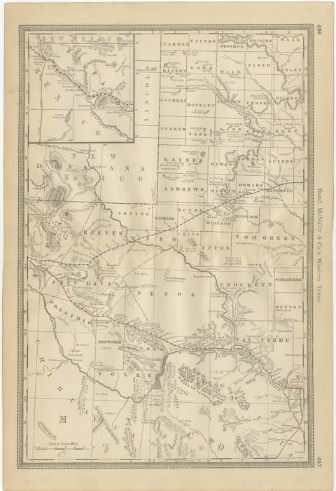 Western Texas Antique Map 1888 – Railroads, Counties & Frontier Towns