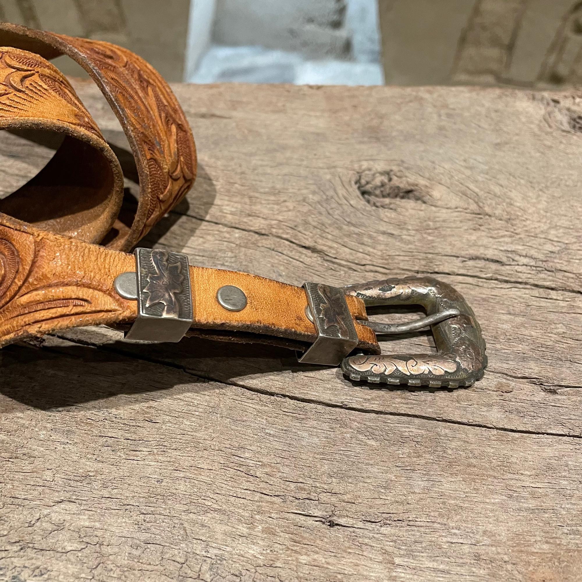 Mid-Century Modern Western Tooled Leather Belt Rose Gold & Silver Taxco Mexico William Spratling 