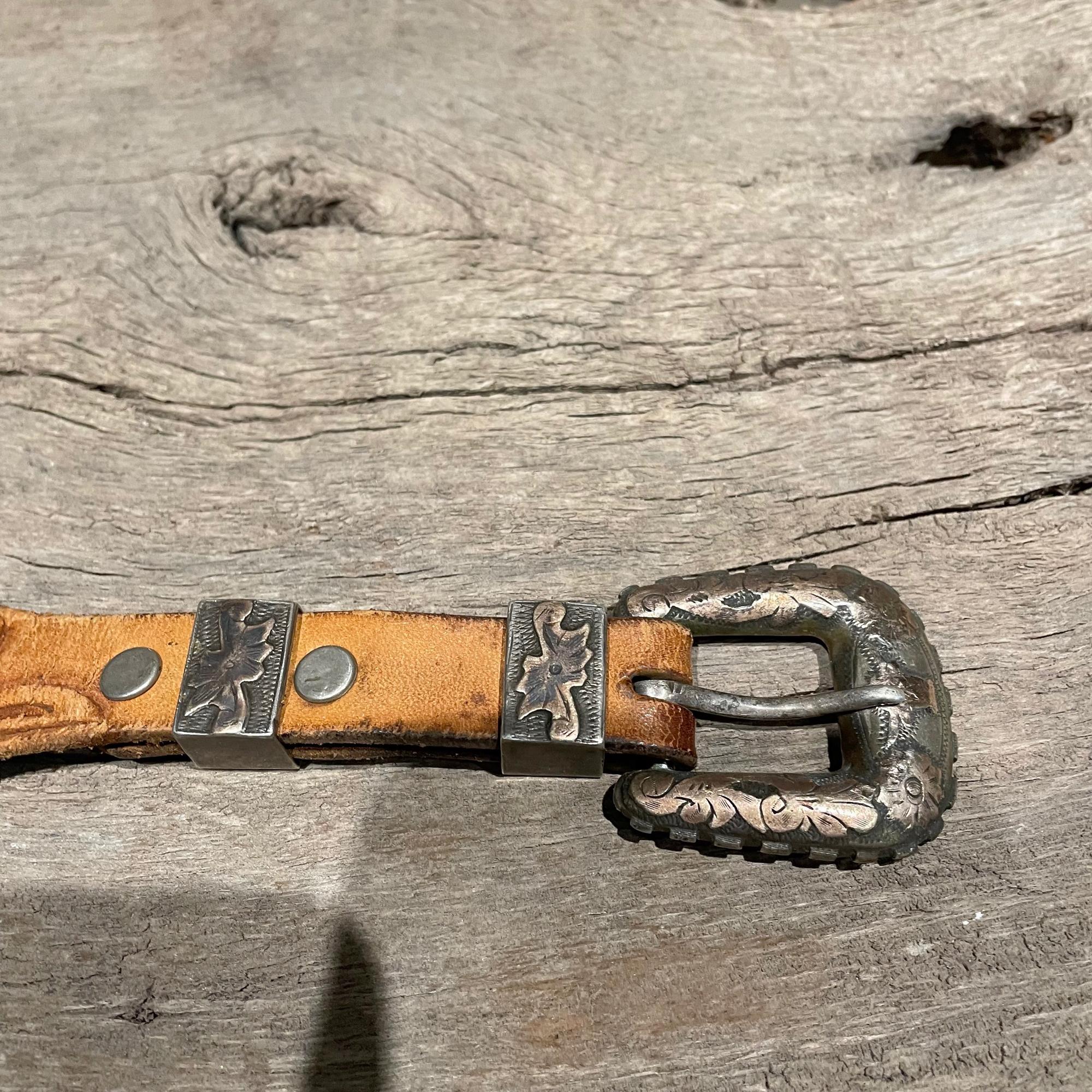 Western Tooled Leather Belt Rose Gold & Silver Taxco Mexico William Spratling  In Good Condition In Chula Vista, CA