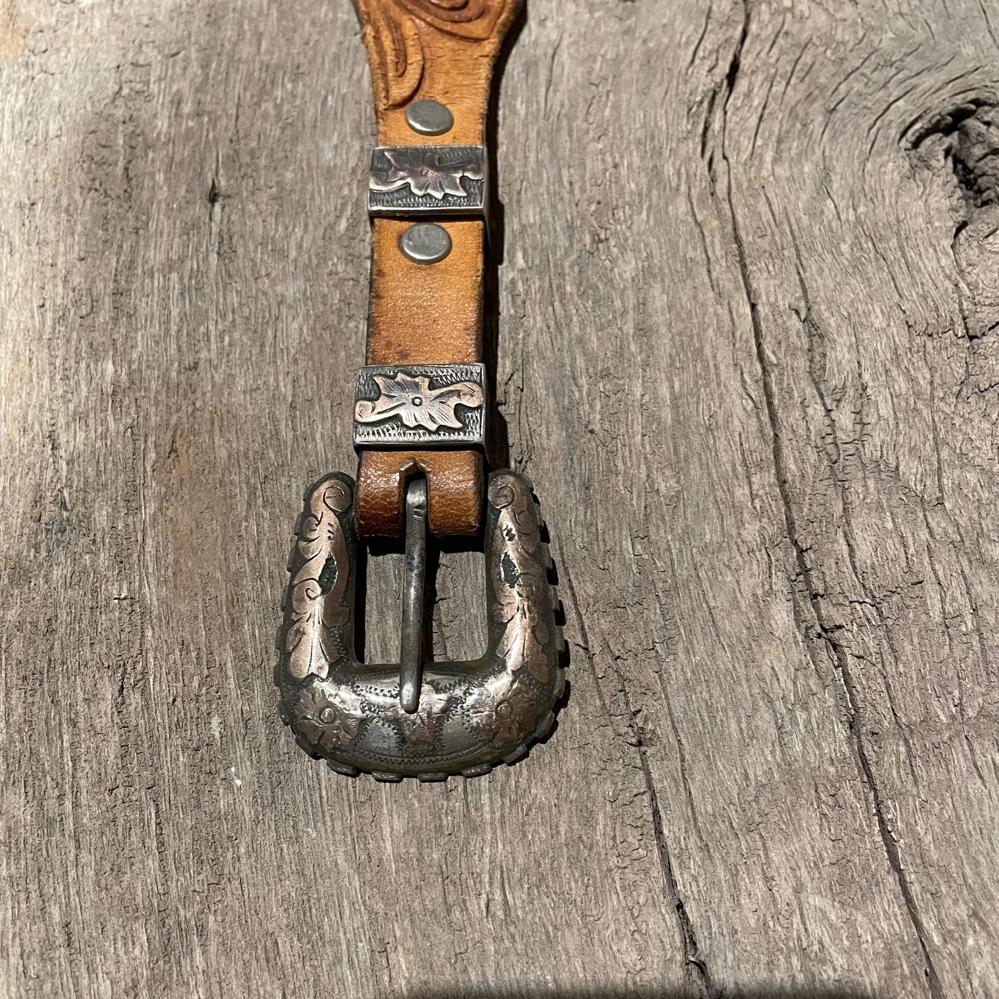 Mid-20th Century Western Tooled Leather Belt Rose Gold & Silver Taxco Mexico William Spratling