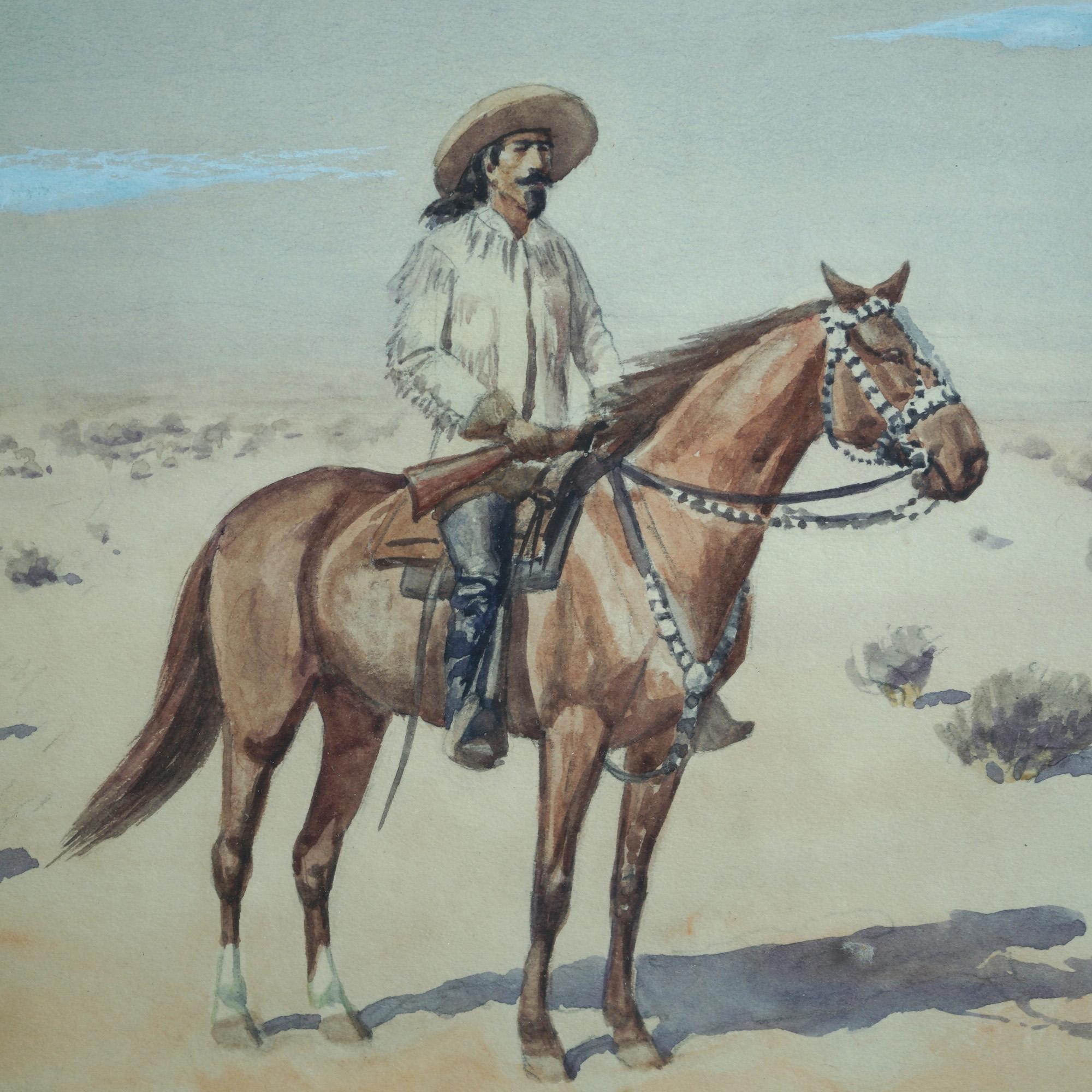 Western Theme Desert Landscape Watercolor Painting with Horse & Rider, Buffalo Bill Cody General Miles, signed Leonard Howard Reedy, 20th C

Measures- 17.25''H x 20''W x 2''D
