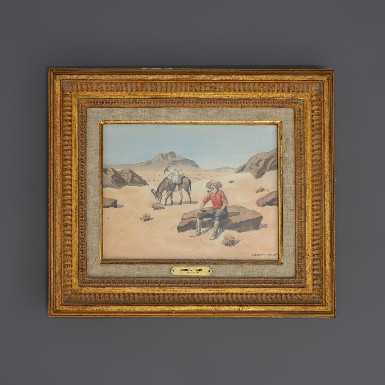 Hand-Painted Western Watercolor Landscape Painting with Miner by Leonard Howard Reedy, 20th C