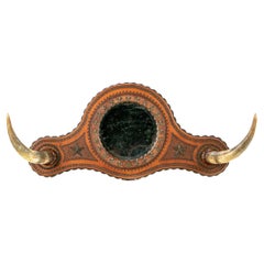 Vintage Western Wood and Leather Wall Handing with Horns, by Buck Flynn Co. Santa Fe, NM