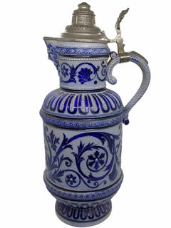 Westerwald Salt Glazed Pottery Beer Ewer Pitcher with Lid, German, 1930s