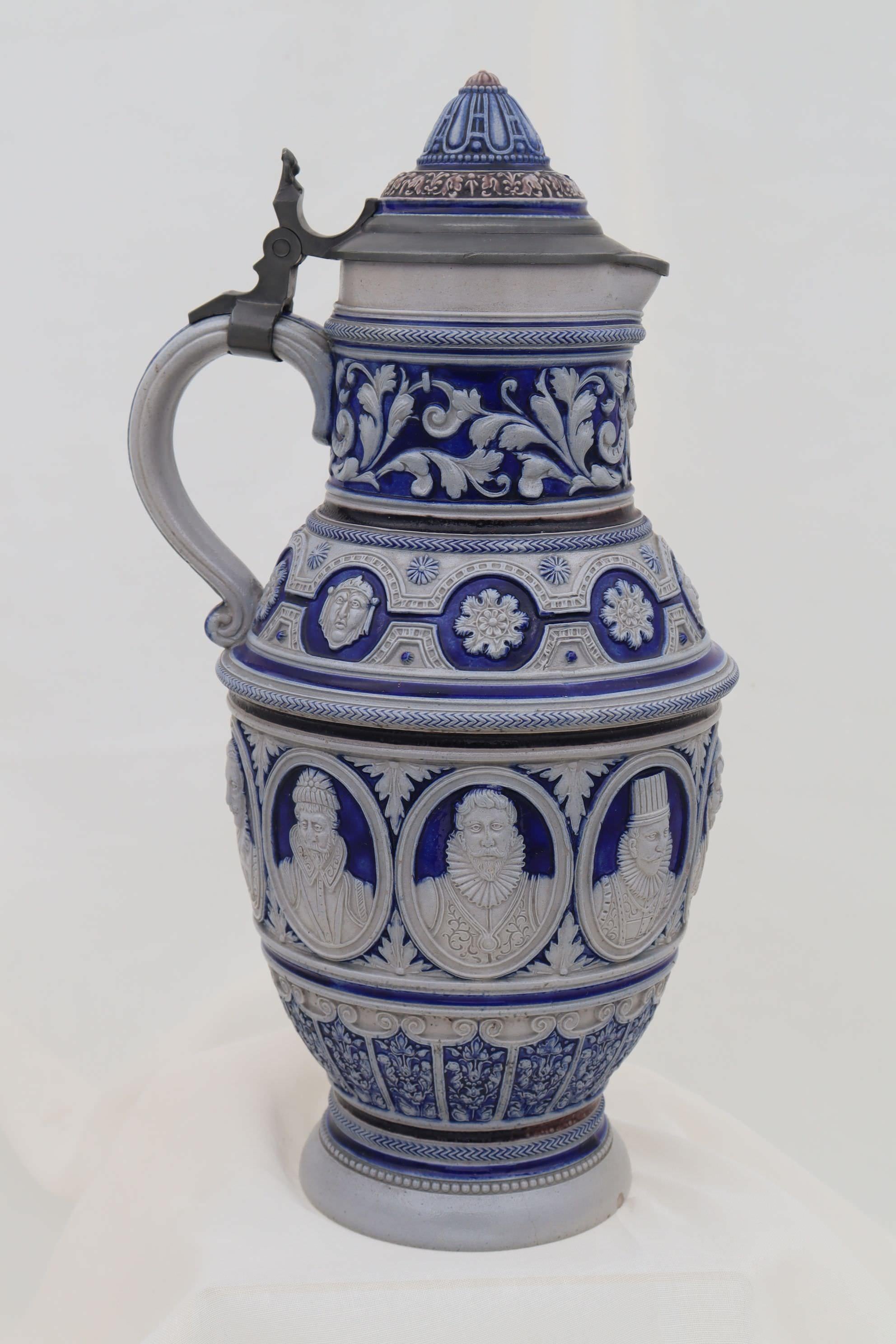 German Westerwald stoneware jug with pewter lid For Sale