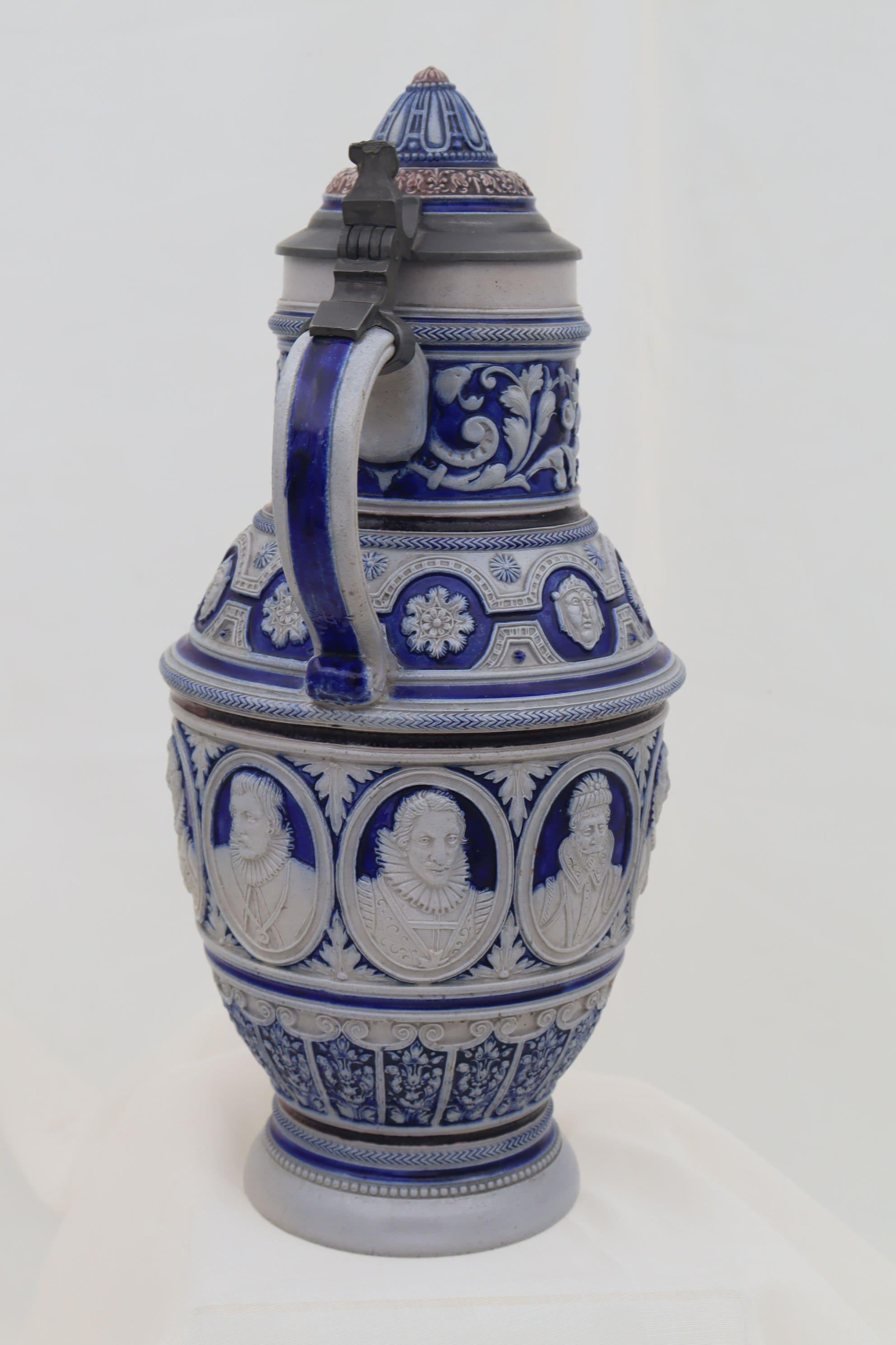German Westerwald stoneware jug with pewter lid For Sale
