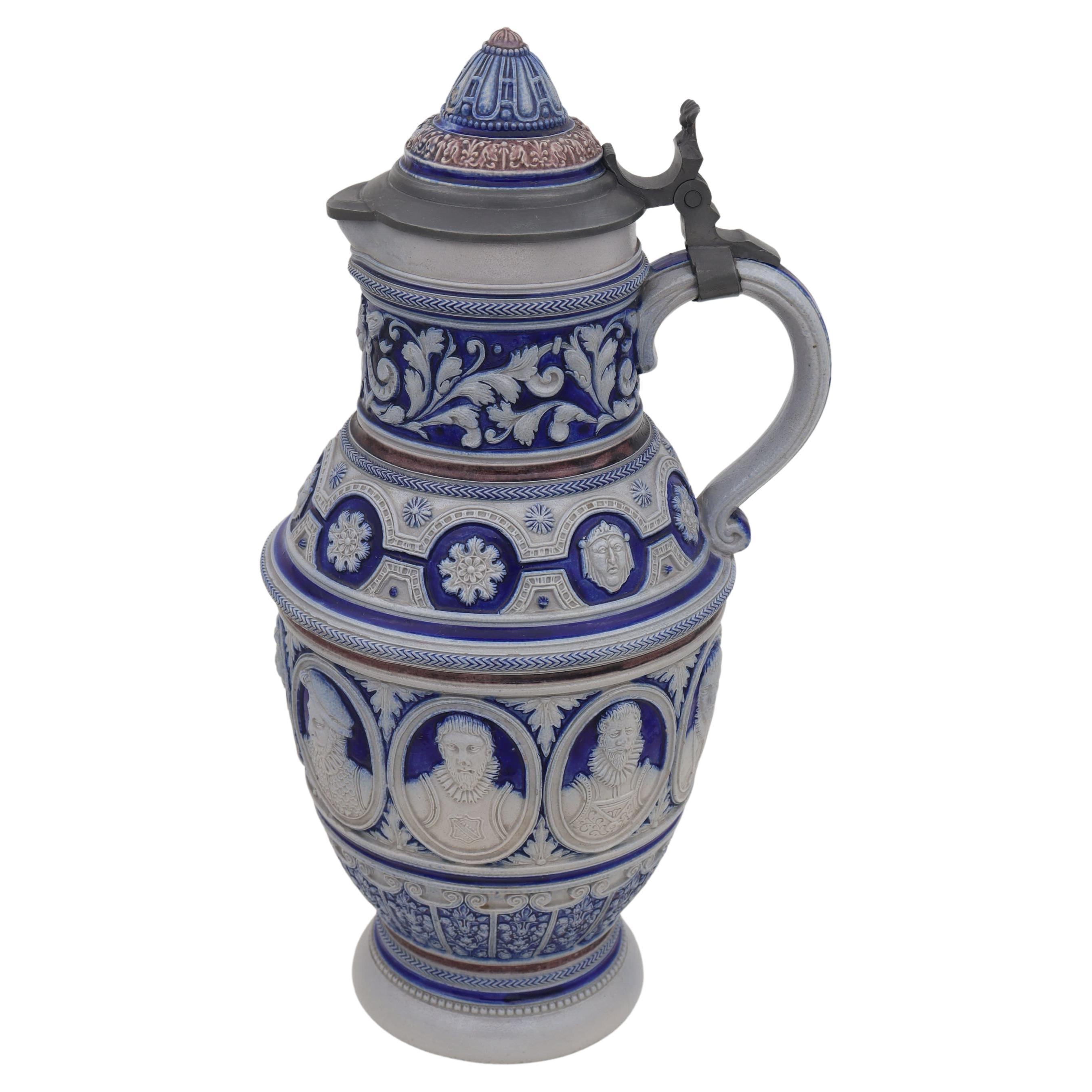 Westerwald stoneware jug with pewter lid For Sale