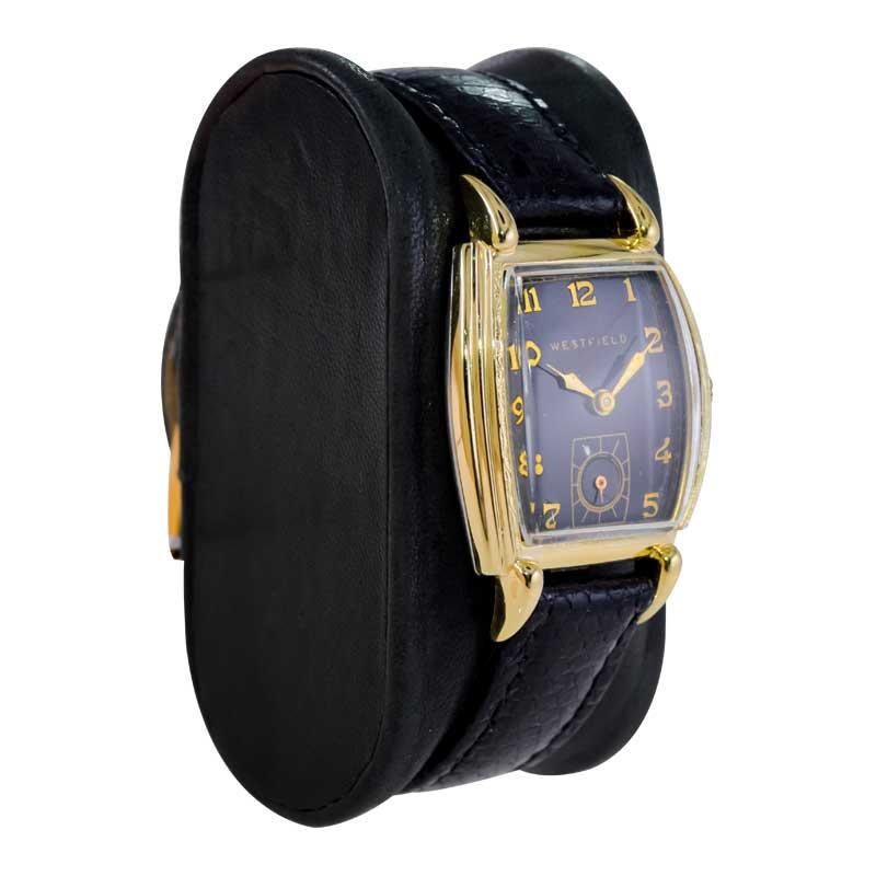 FACTORY / HOUSE: Westfield by Bulova Watch Company
STYLE / REFERENCE: Art Deco / Tortue 
METAL / MATERIAL: Yellow Gold Filled
CIRCA / YEAR: 1940's
DIMENSIONS / SIZE:  Length 40mm X Width 25mm
MOVEMENT / CALIBER: Manual Winding / 15 Jewels / Caliber