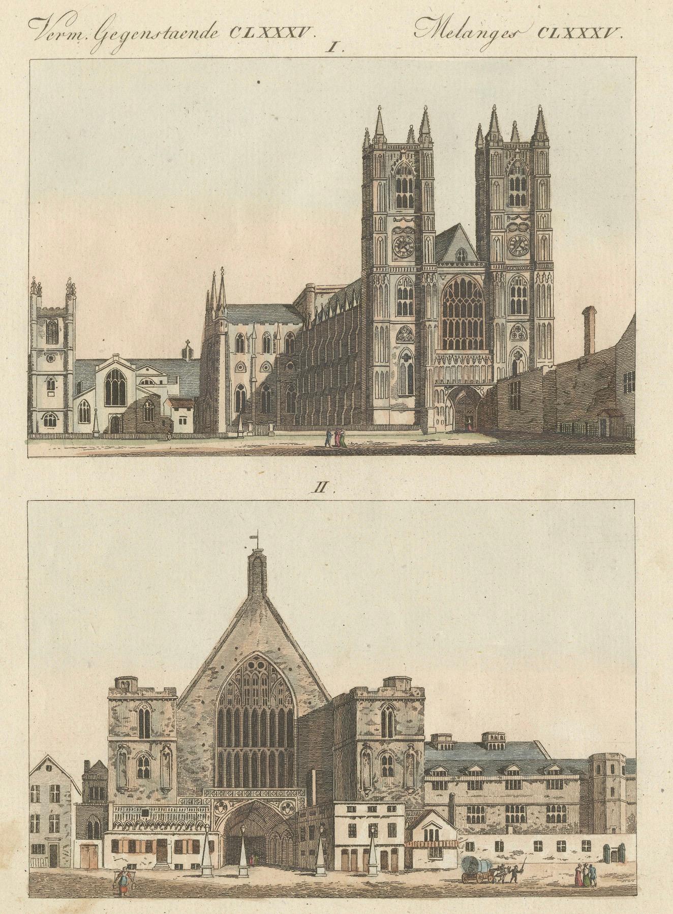 Westminster Abbey und die Kathedrale von Winchester - Bildungsdruck aus Bertuch's Bilderbuch für Kinder (1790-1830)  

Dieser wunderschöne, handkolorierte Stich zeigt zwei der ikonischsten gotischen Wahrzeichen Englands: Westminster Abbey in London