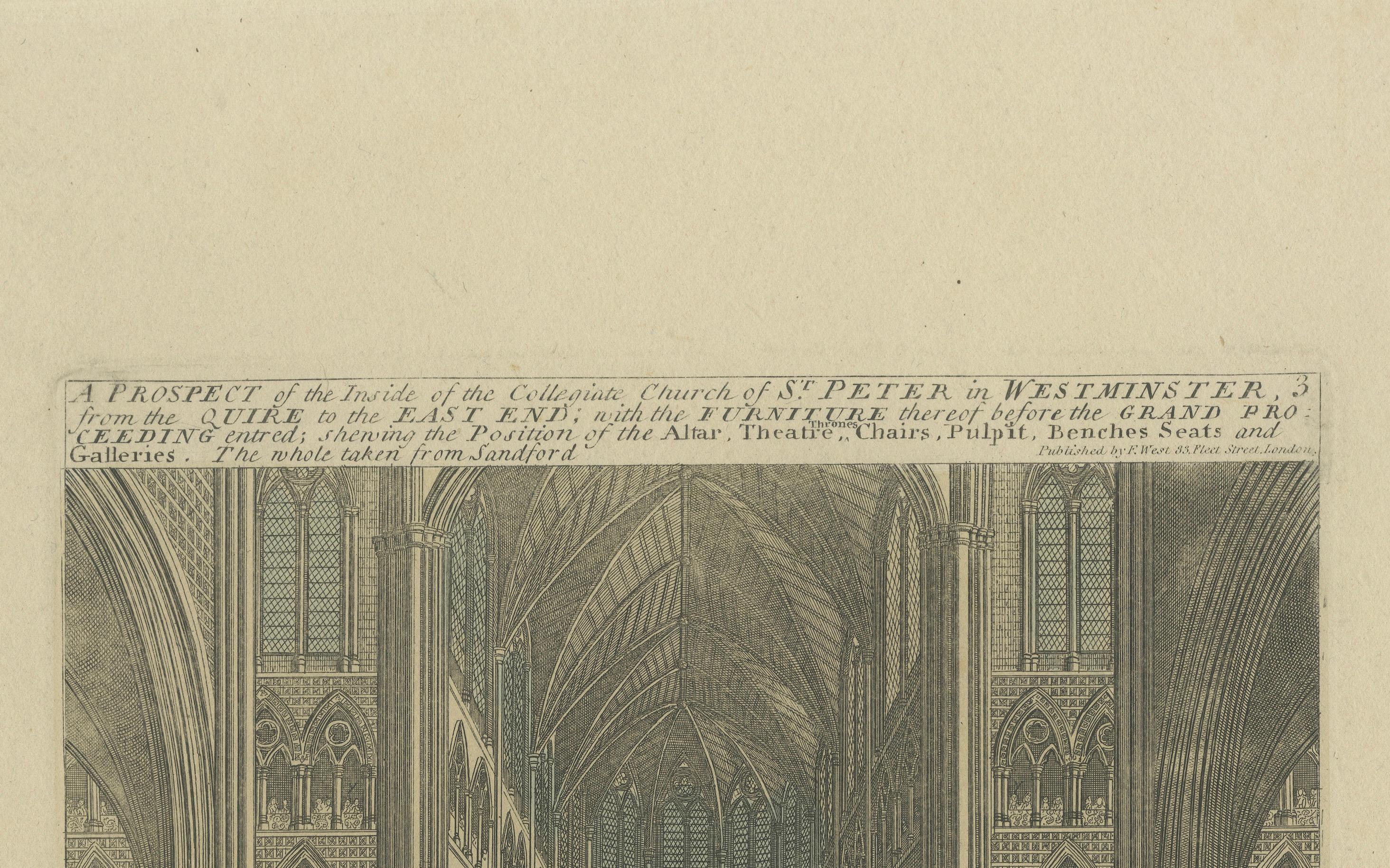 Aussicht auf das Innere von St. Peters in Westminster - Krönungsvorbereitungen, um 1720 - Handkolorierter Kupferstich

Handkolorierter Stich, der das Innere der Stiftskirche St. Peter in Westminster (Westminster Abbey) vom Chor bis zum Ostende