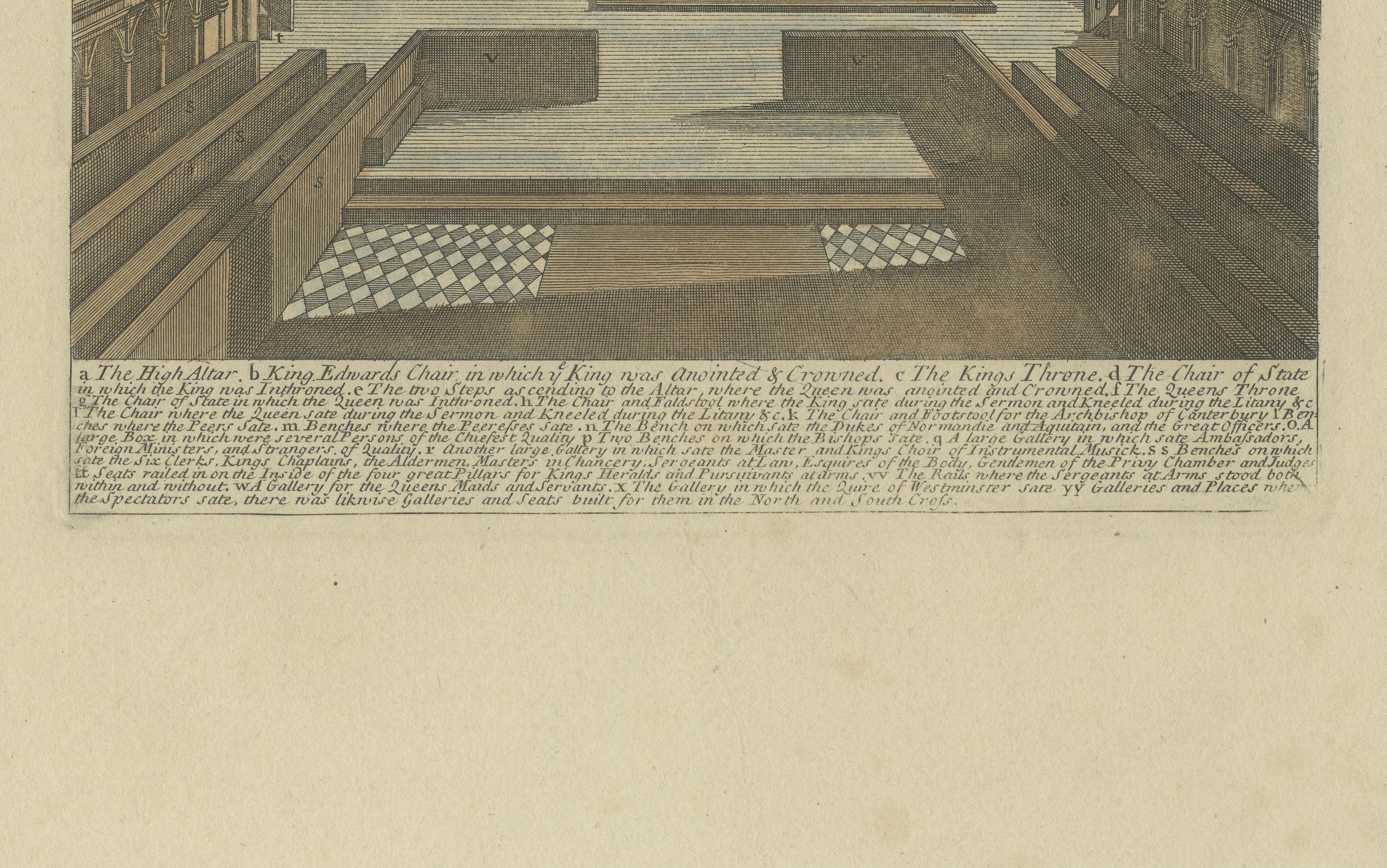 Westminster Abbey Innenraum für eine königliche Krönung vorbereitet - handkoloriert, 1720 (Graviert) im Angebot