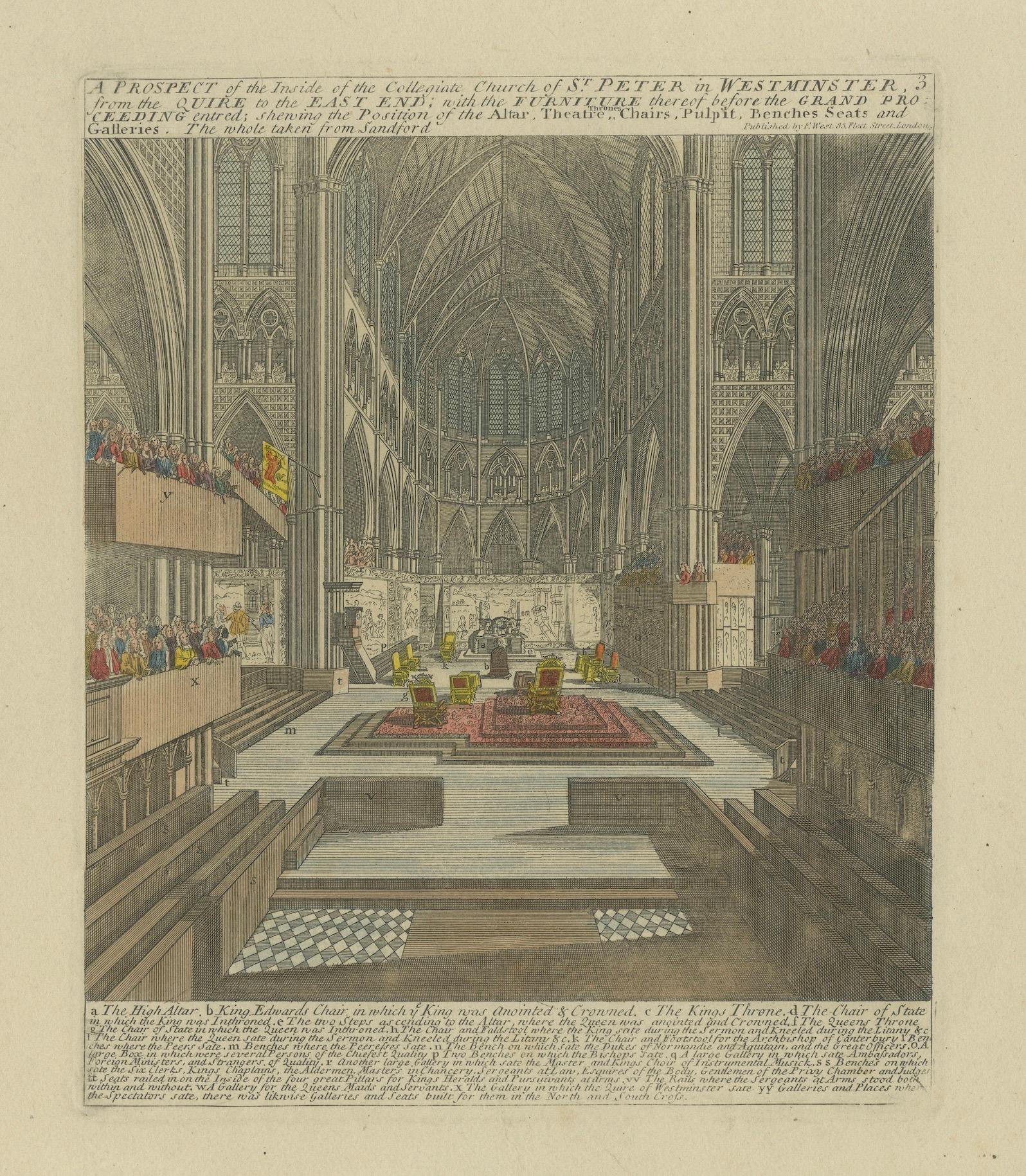 Westminster Abbey Innenraum für eine königliche Krönung vorbereitet - handkoloriert, 1720 im Zustand „Gut“ im Angebot in Langweer, NL