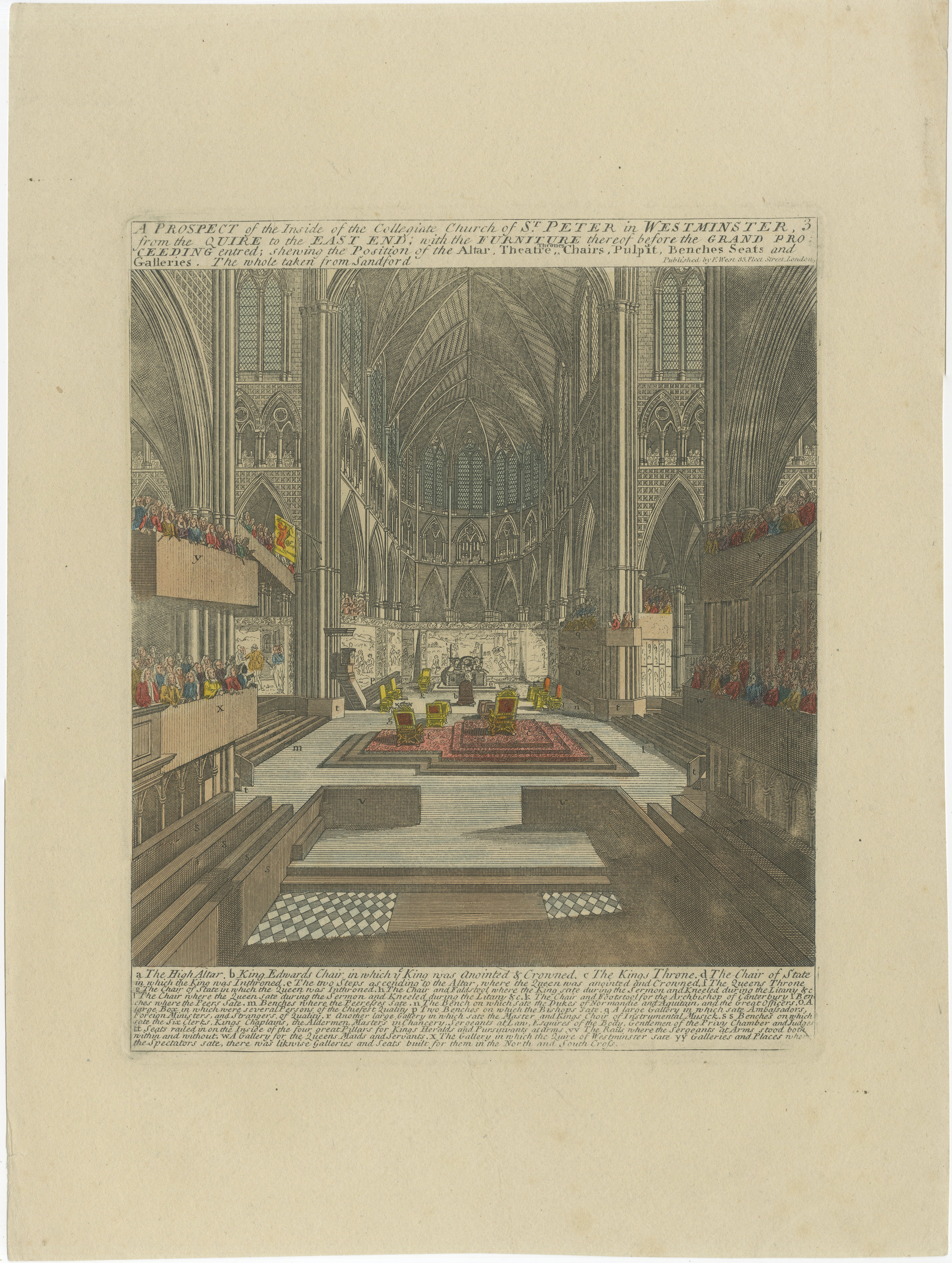 Westminster Abbey Innenraum für eine königliche Krönung vorbereitet - handkoloriert, 1720 im Angebot