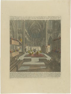 Westminster Abbey Innenraum für eine königliche Krönung vorbereitet - handkoloriert, 1720