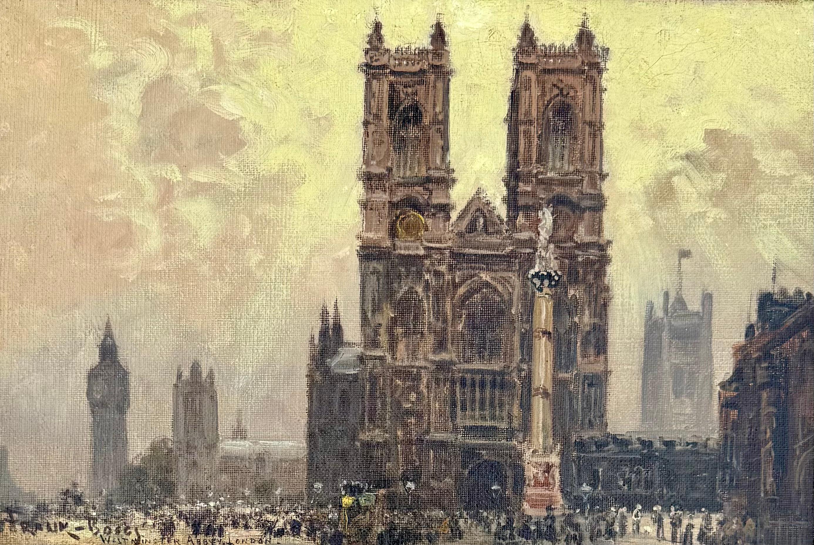Olio su tela, firmato e iscritto in basso a sinistra.  Questa è una splendida scena dell'Abbazia di Westminster a Londra, con la luce del sole che scende dall'alto.  

L'impressionista Frank Myers Boggs trascorse gli anni della formazione e della
