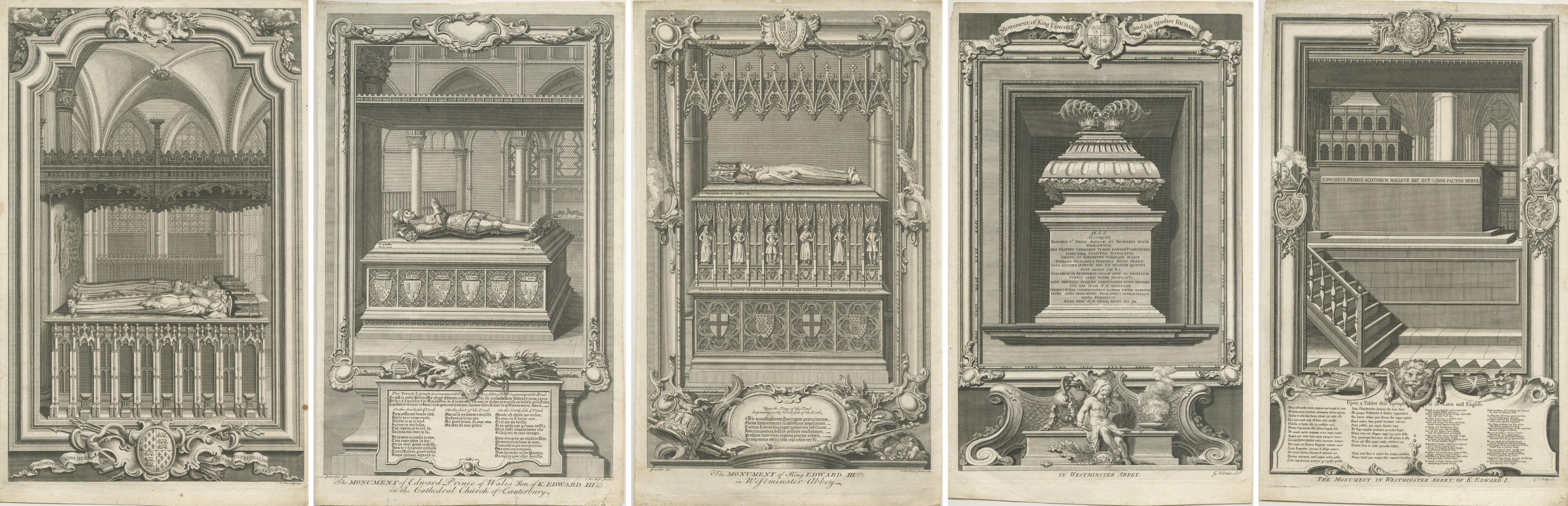 Westminster Abbey Monuments – Five English Engravings after Gravelot c.1730