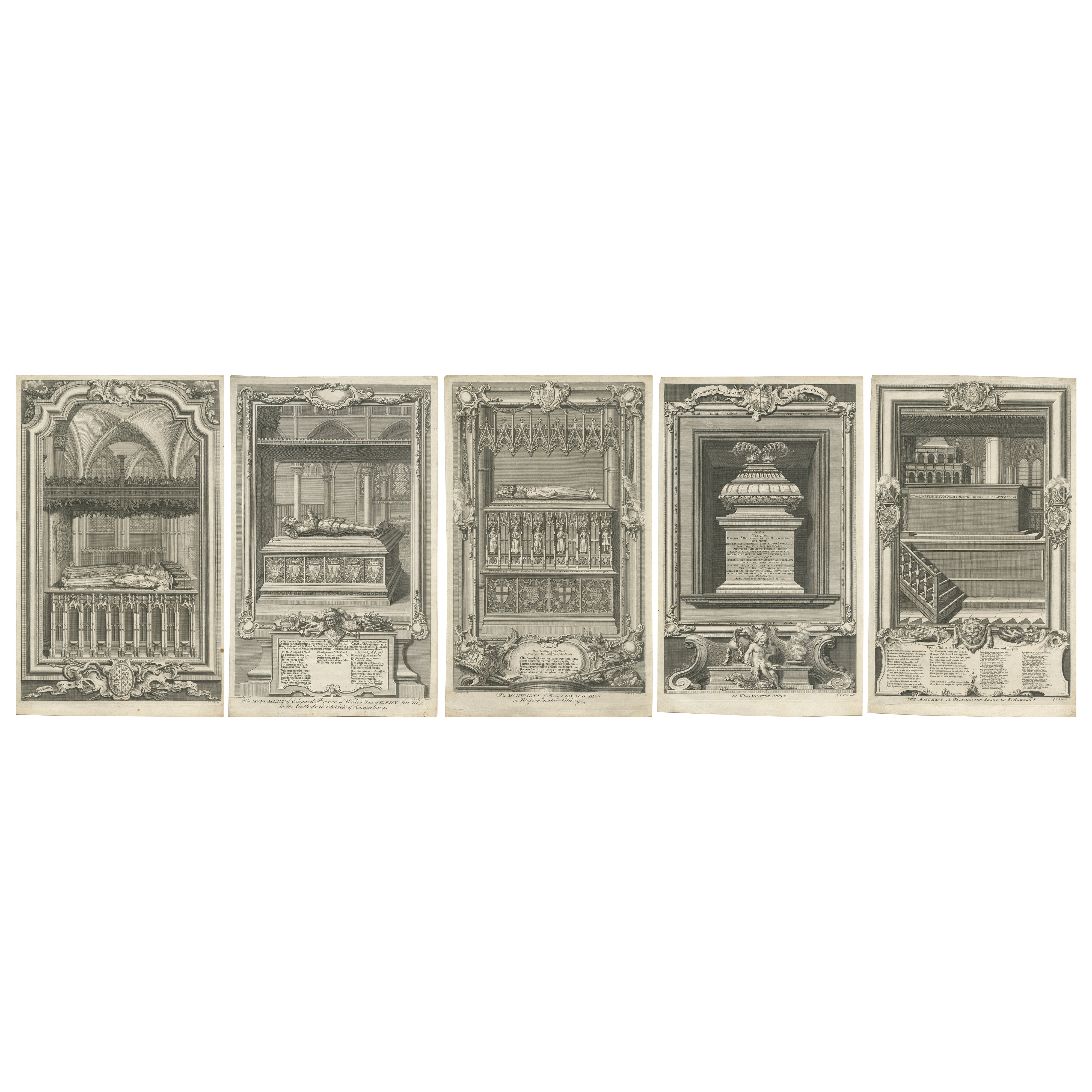 Monumenti dell
Abbazia di Westminster - Cinque incisioni inglesi dopo Gravelot, 1730 ca. in vendita