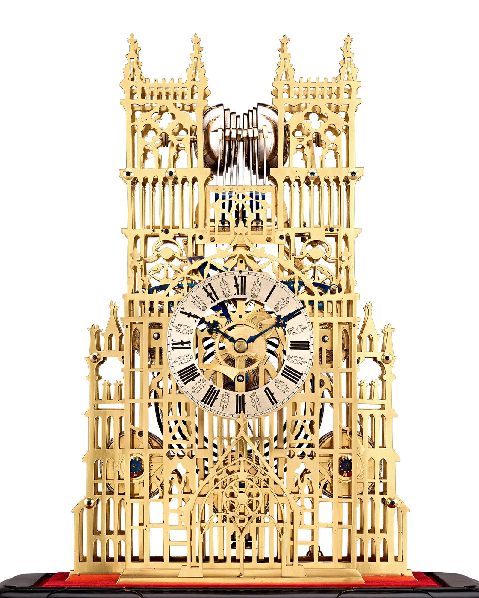 A majestic representation of Westminster Abbey, this rare three-train fuseé architectural skeleton clock of exceptional workmanship was crafted by Evans of Handsworth, Birmingham. The maker is known as one of the first creators of architectural