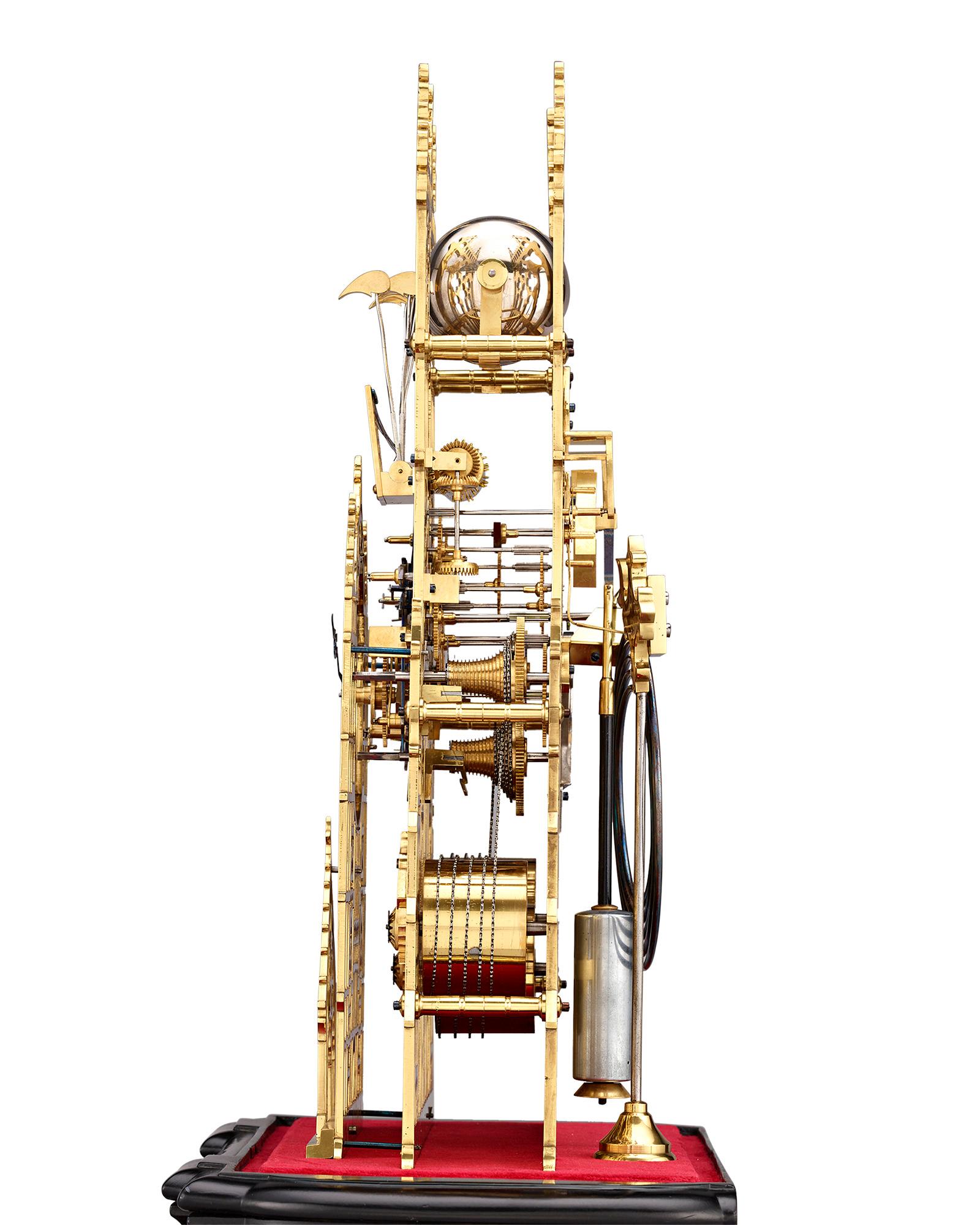 English Westminster Abbey Three Train Fuseé Skeleton Clock by Evans