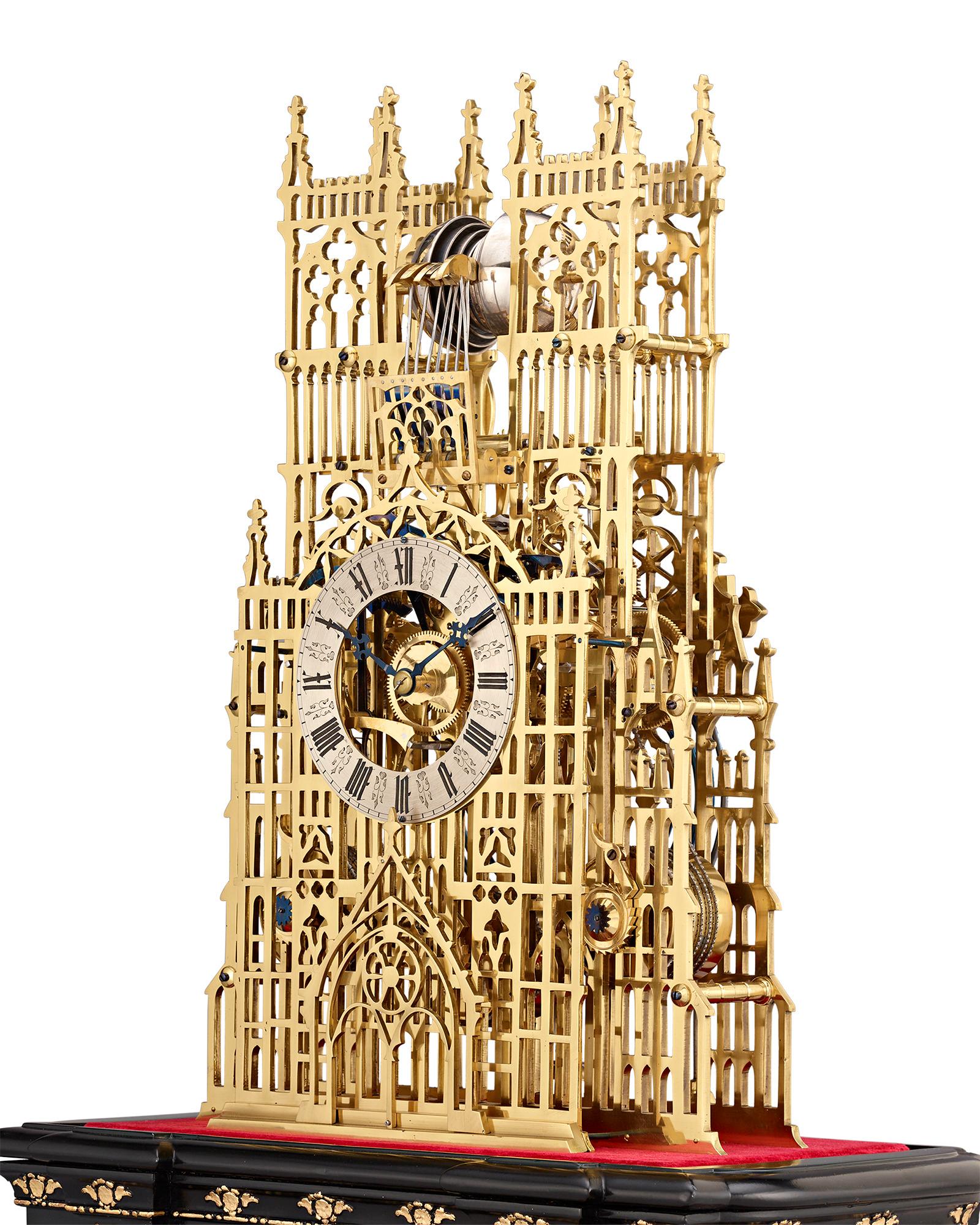 Ebonized Westminster Abbey Three Train Fuseé Skeleton Clock by Evans