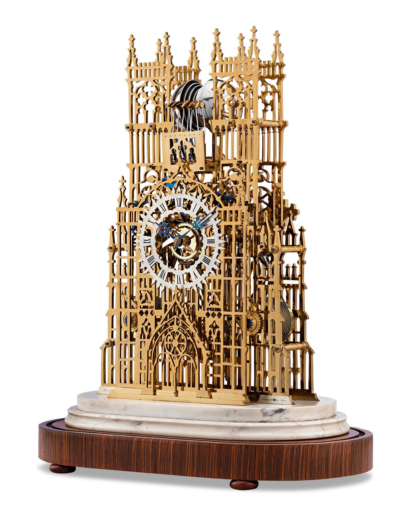 A faithful rendition of London's iconic Westminster Abbey, this magnificent bronze skeleton clock is a work of true horological mastery. Crafted by Evans of Handsworth, the timepiece represents the height of this famed clockmaster's skill. One of