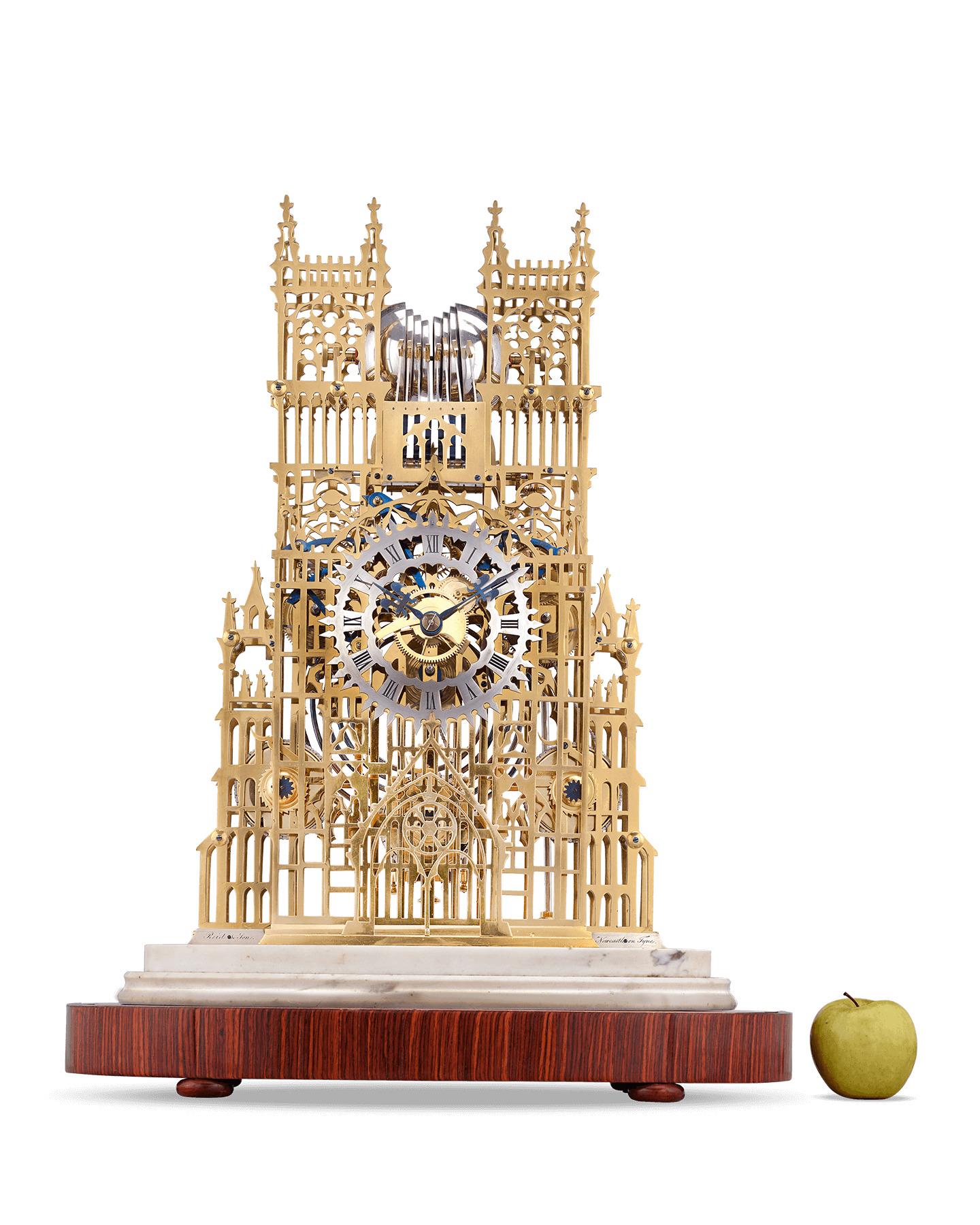 Bronze Westminster Abbey Three Train Skeleton Clock by Evans