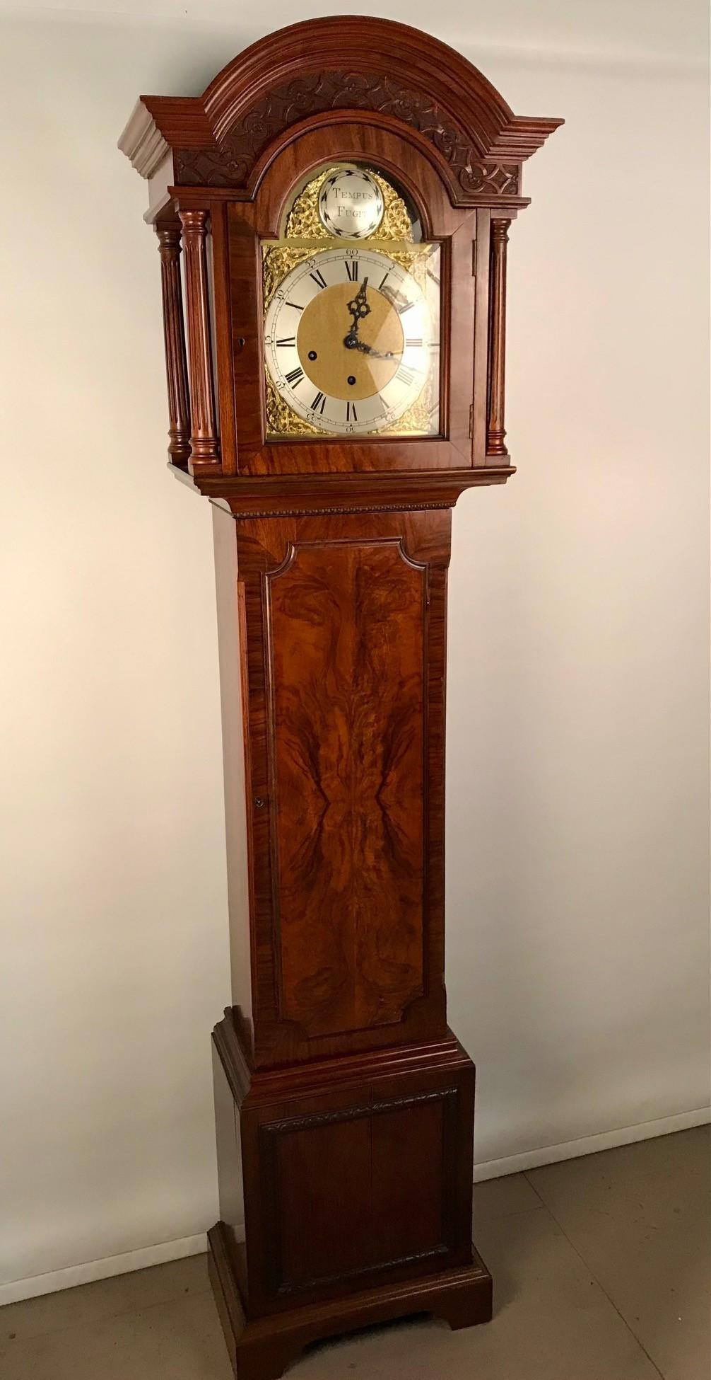 English Westminster Chiming Grandmother Clock in a Mahogany Case For Sale