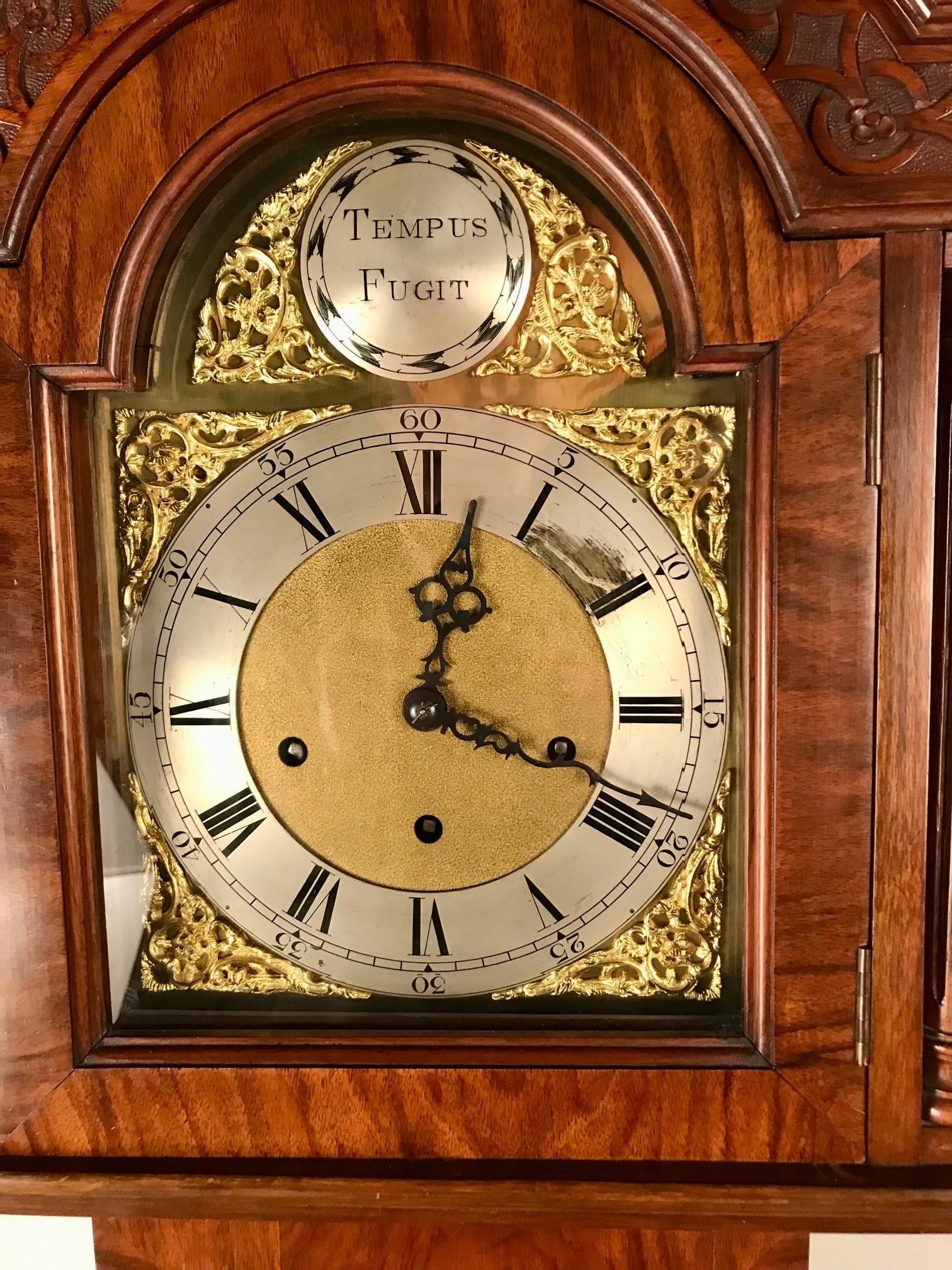 English Westminster Chiming Grandmother Clock in a Mahogany Case For Sale