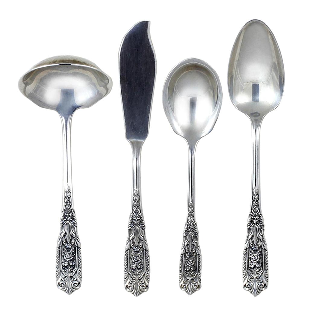 79 Piece sterling silver Westmorland, Milburn Rose, flatware set issue date 1940 no monograms. These are a beautiful detailed heavy weight solid flatware pattern.

Metal Type: Sterling Silver

Hallmarks: Sterling, Westmorland, Makers Mark,

Metal