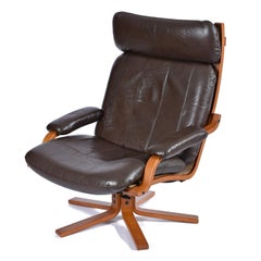 Westnofa Brown Leather Scandinavian Sling Canvas Recliner Chair with Ottoman