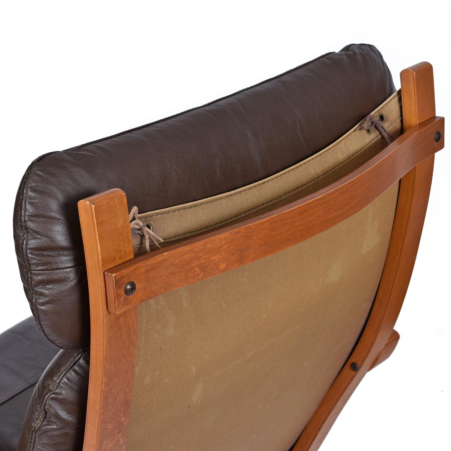 Scandinavian Modern Westnofa Brown Leather Scandinavian Sling Canvas Recliner Chair with Ottoman
