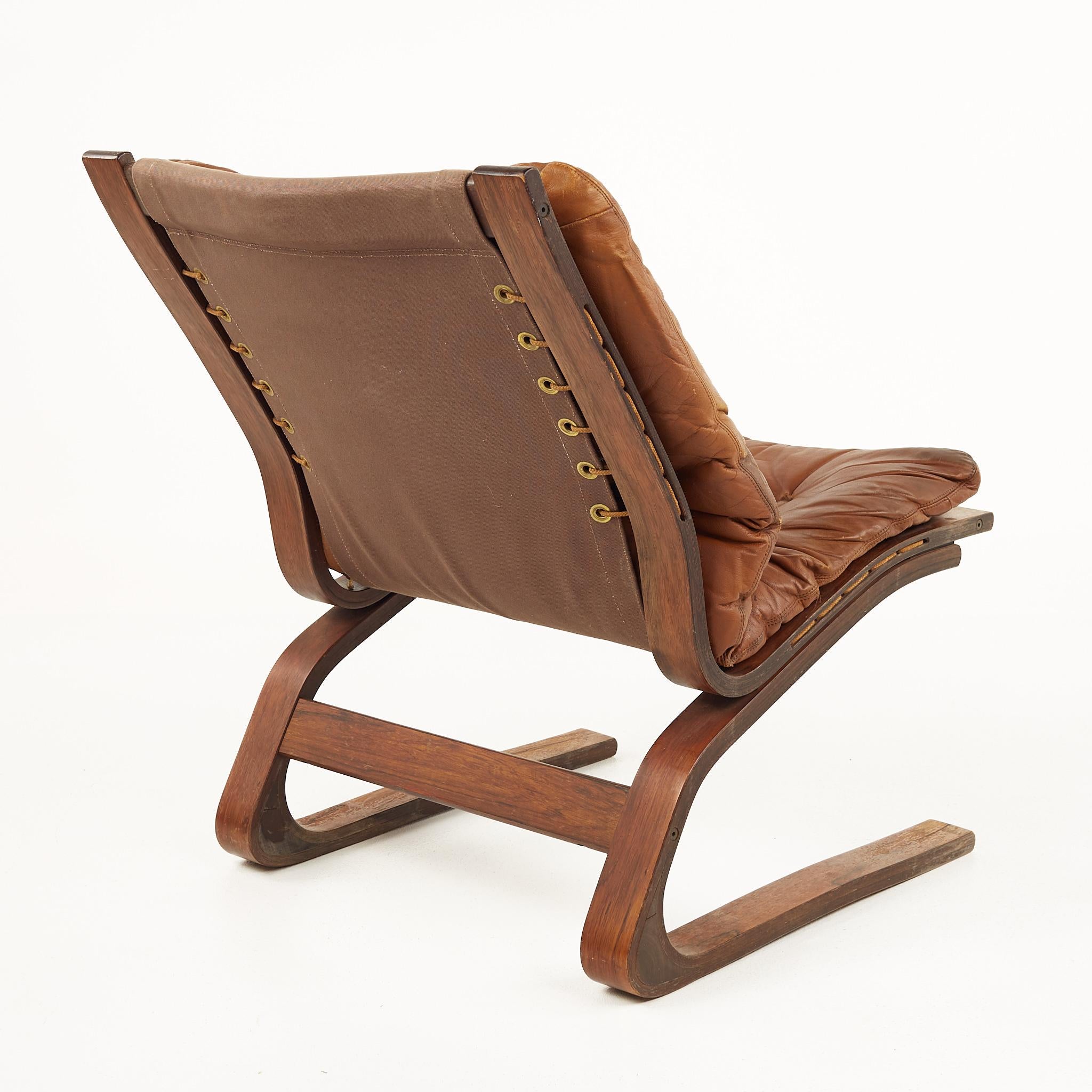 Norwegian Westnofa Mid Century Bentwood Brown Leather Siesta Chair