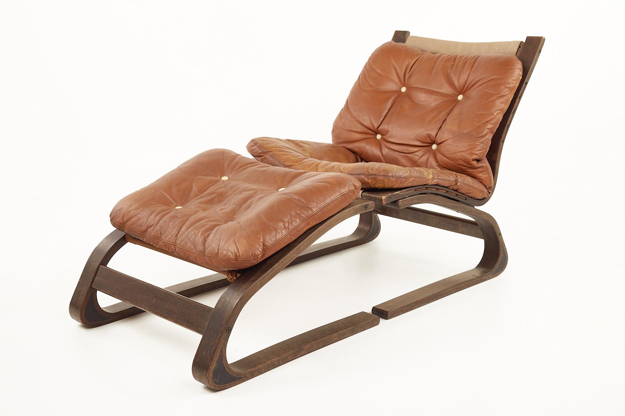 Mid-Century Modern Westnofa Mid Century Bentwood Brown Leather Siesta Chair with Ottoman
