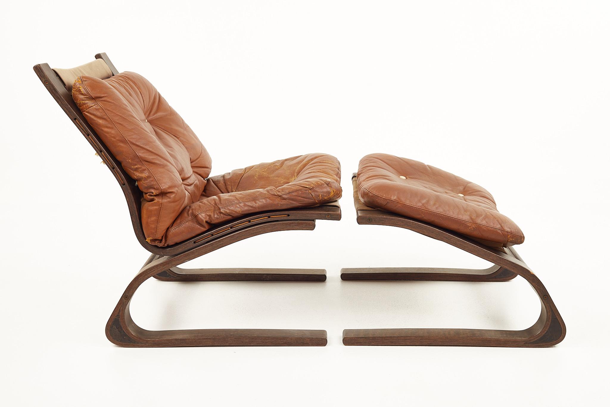 Norwegian Westnofa Mid Century Bentwood Brown Leather Siesta Chair with Ottoman