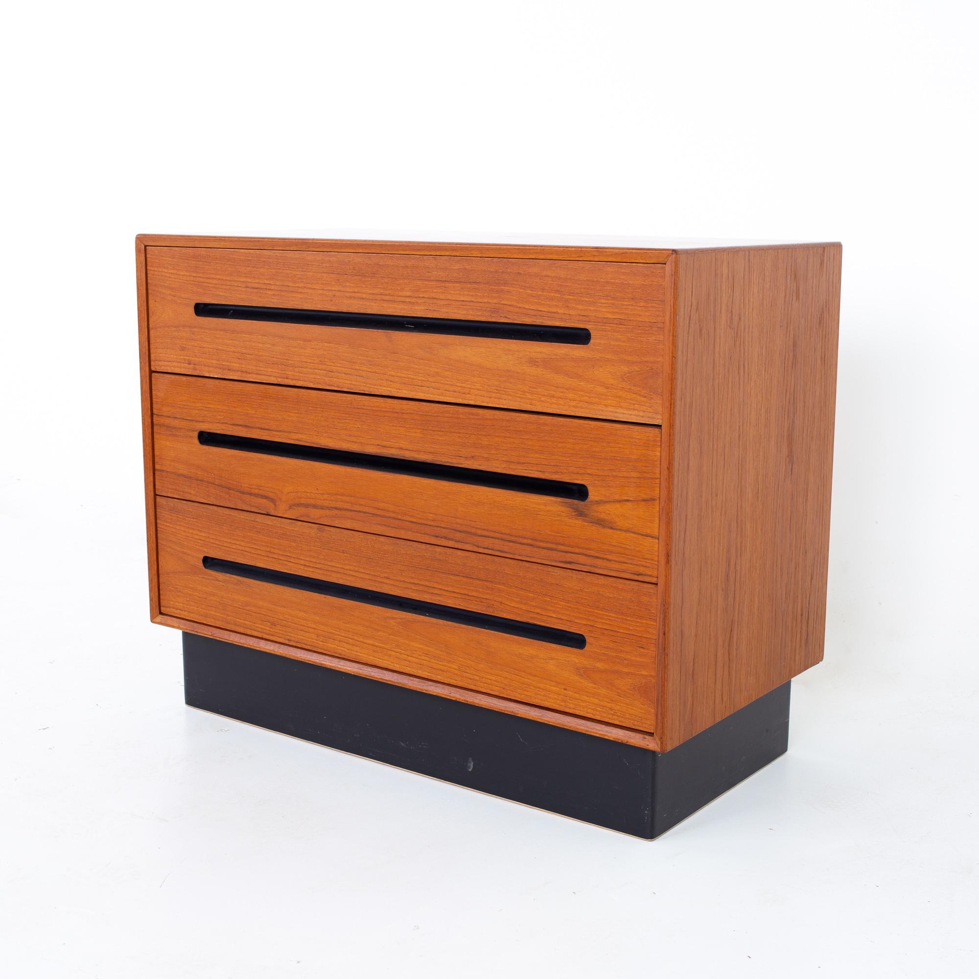 Westnofa mid century teak 3 drawer dresser chest 
Each dresser measures: 36 wide x 18 deep x 29 inches high

All pieces of furniture can be had in what we call restored vintage condition. That means the piece is restored upon purchase so it’s