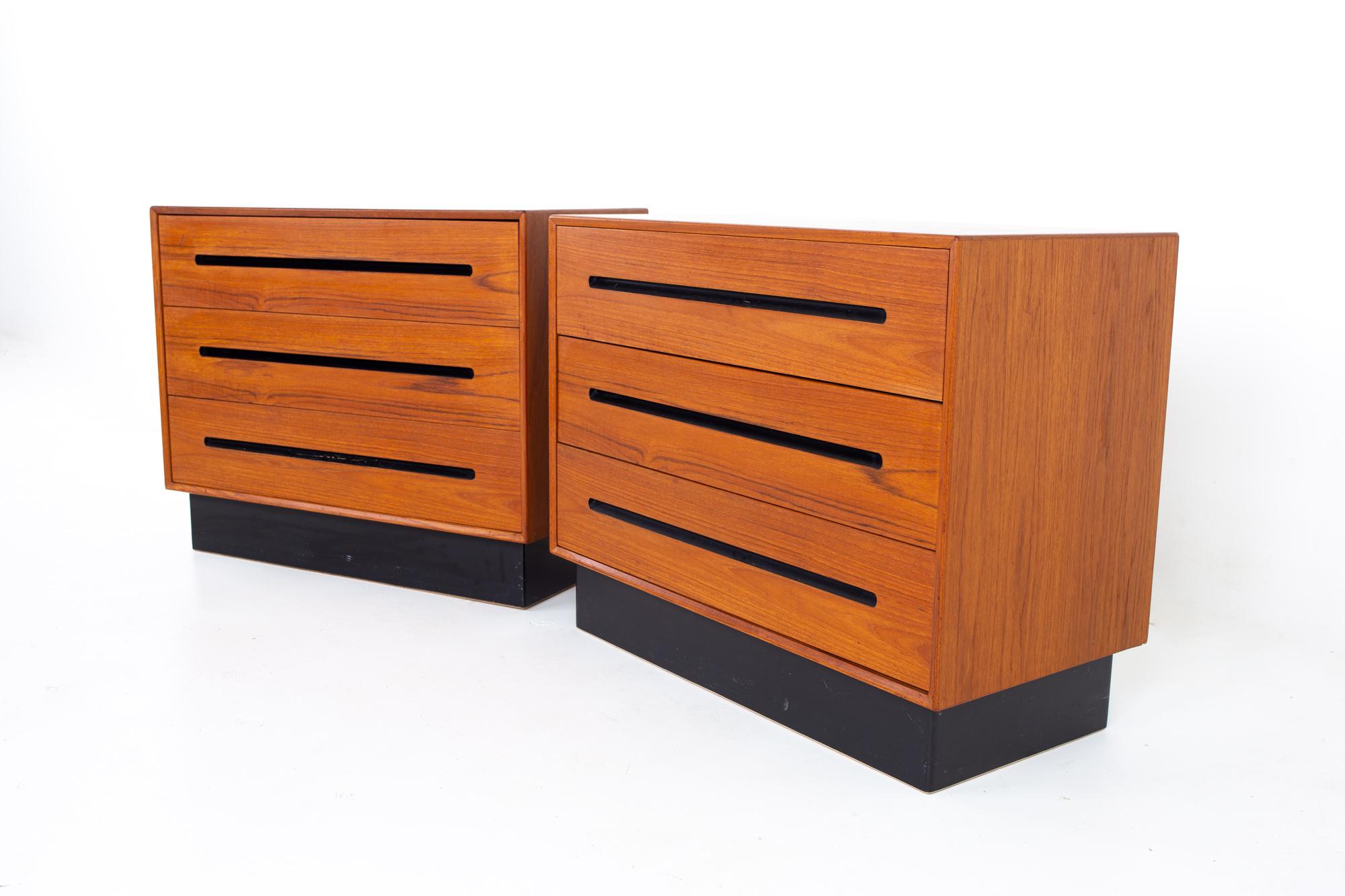 Westnofa mid century teak 3 drawer dresser chest - pair
Each dresser measures: 36 wide x 18 deep x 29 inches high

All pieces of furniture can be had in what we call restored vintage condition. That means the piece is restored upon purchase so