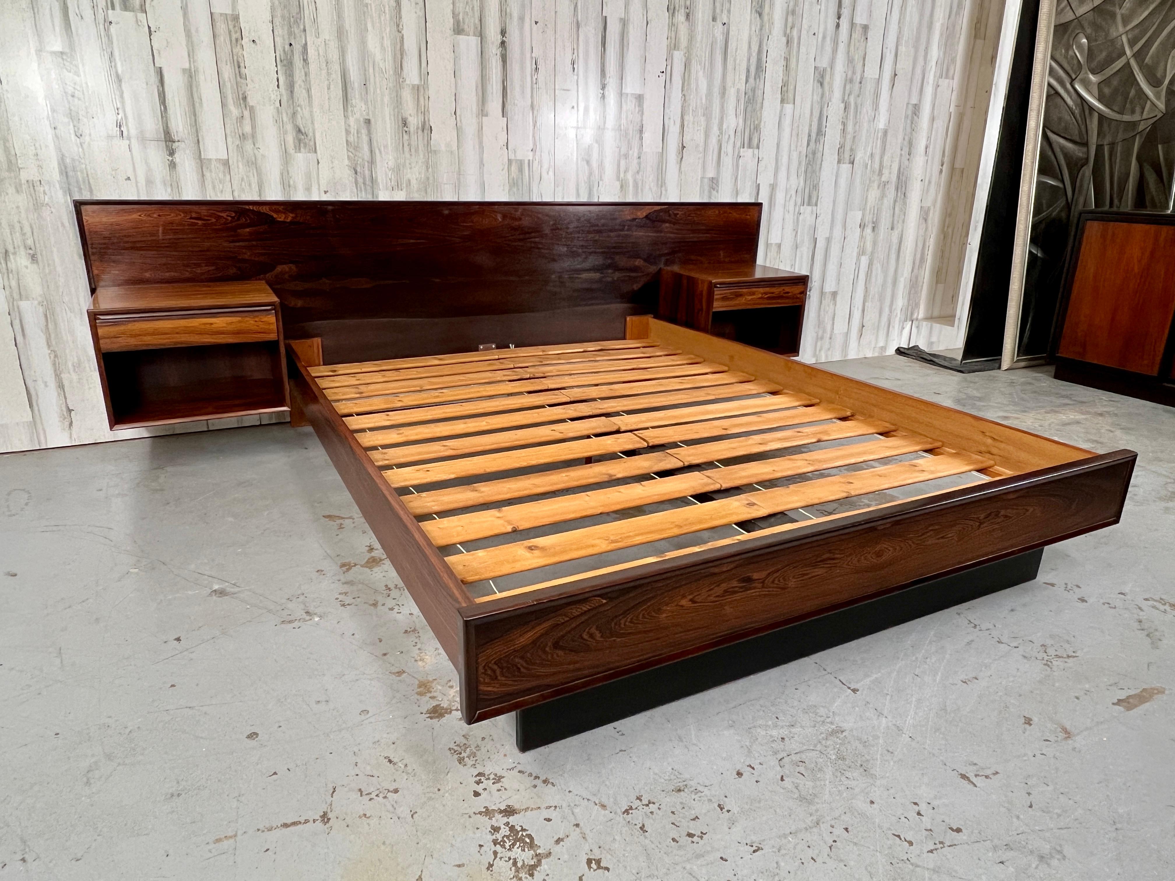 Westnofa Rosewood Floating Bed & Night Stands.
Inside rails measure: 61.25 L x 81.39 D
Height floor to foot board: 13.88 H
Each nightstand measures: 21.75 H x 20.75 W x 15.63 D