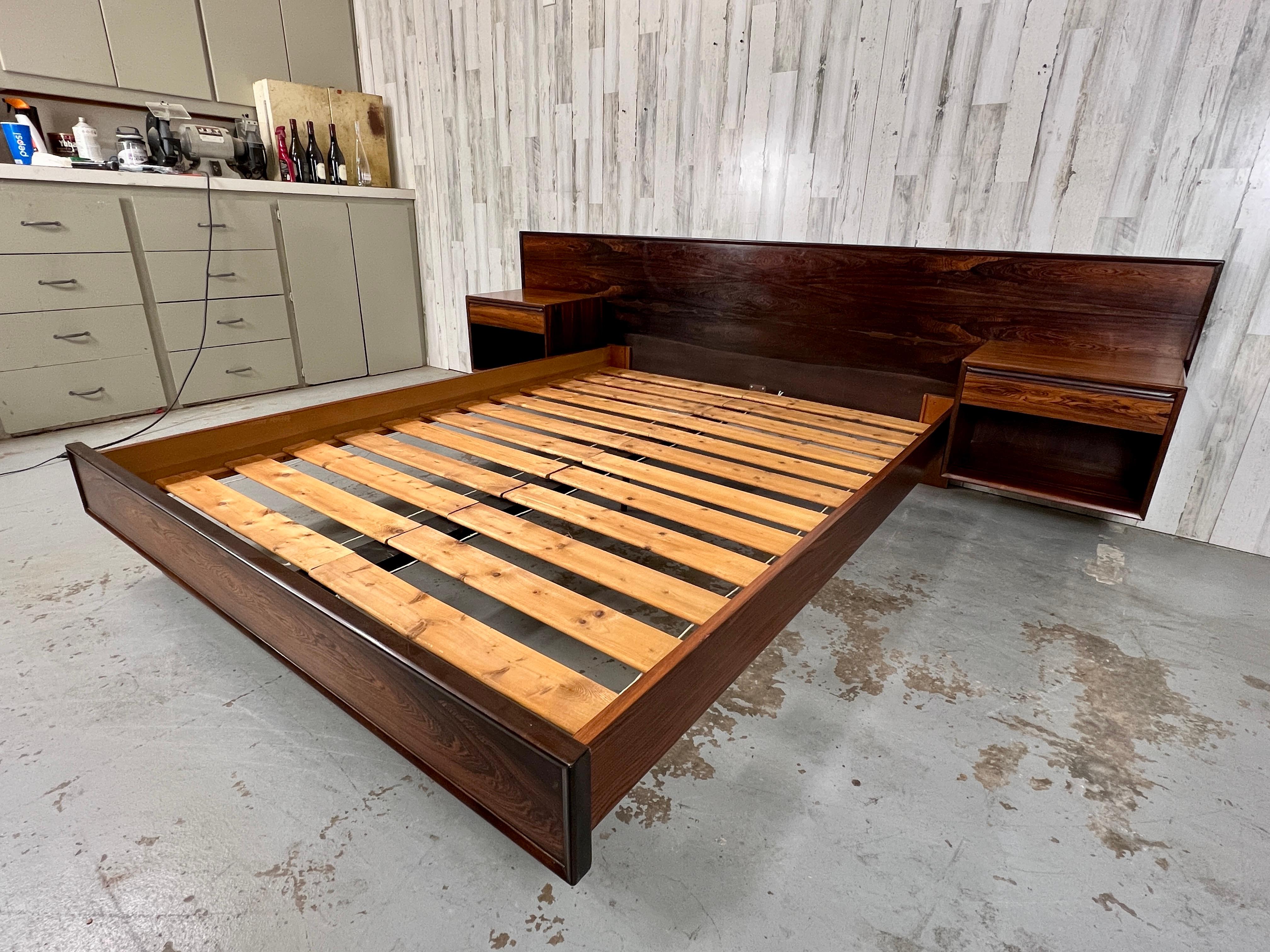 mid century bed with floating nightstands
