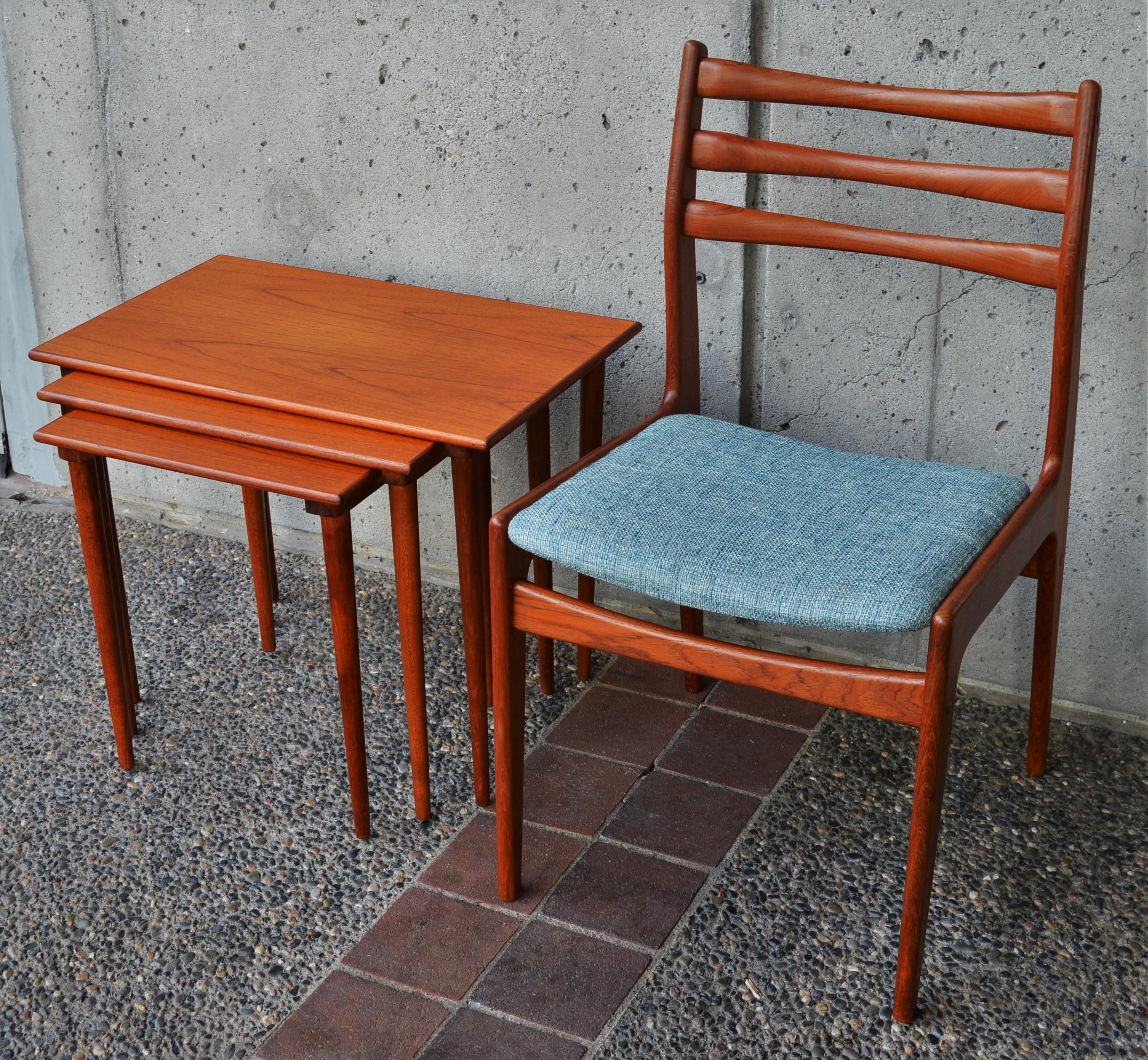 This lovely set of 3 Danish modern teak Westnofa (Norway) nesting tables have clean, modern lines and are super practical. Use them in a stack, splayed forward or tucked in tightly, and pull them out as needed when extra company is in house, or