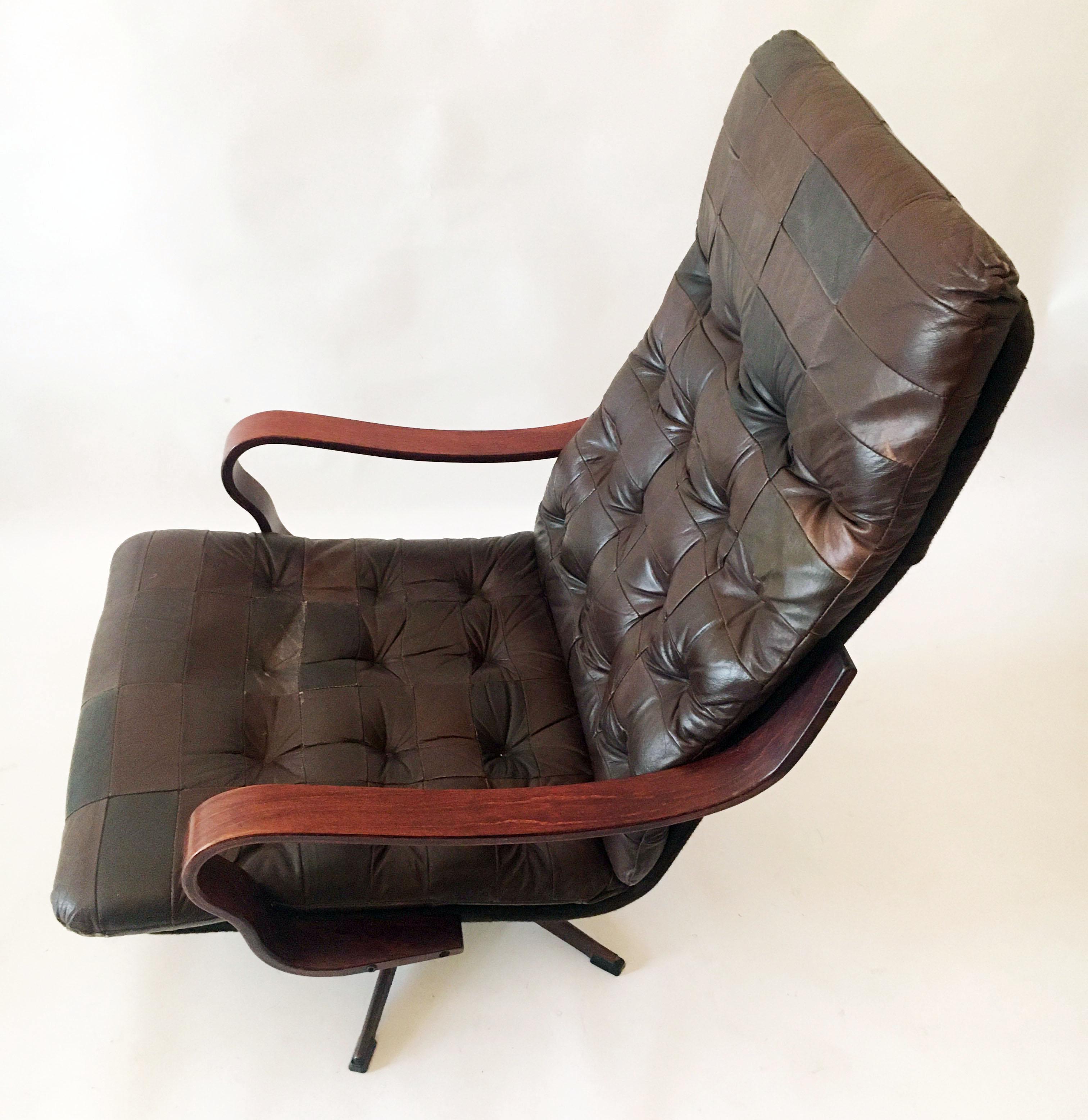 Wood Westnova High Back Swivel Lounge Chairs Patchwork Leather, a Pair, Norway, 1970 For Sale
