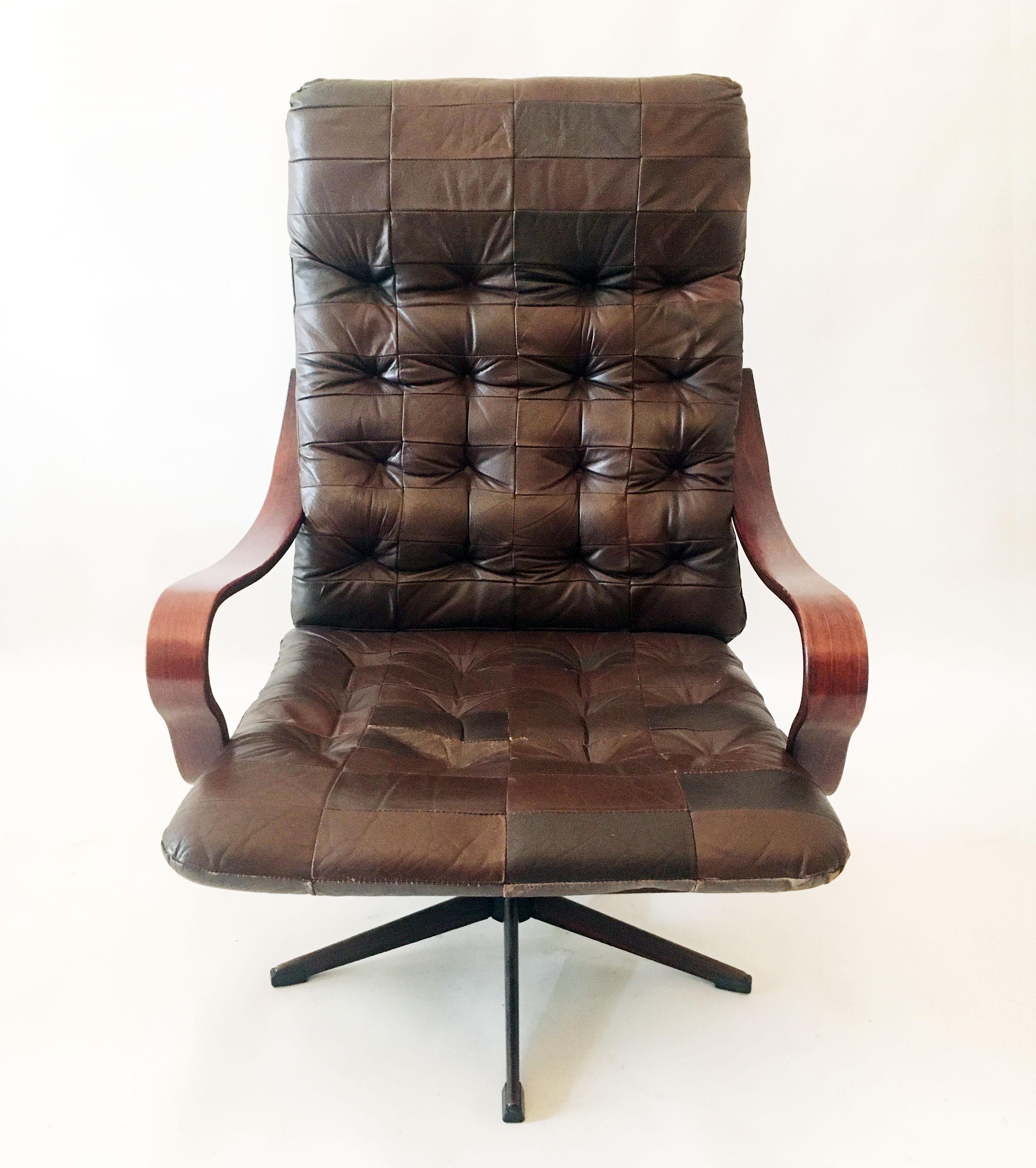 Westnova high back swivel lounge chairs patchwork leather, a pair, Norway, 1970. Beautiful patchwork and tufted leather swivel chairs with bentwood arms by Westnova of Norway. The leather has aged beautifully for the past 40 plus years, comes with a