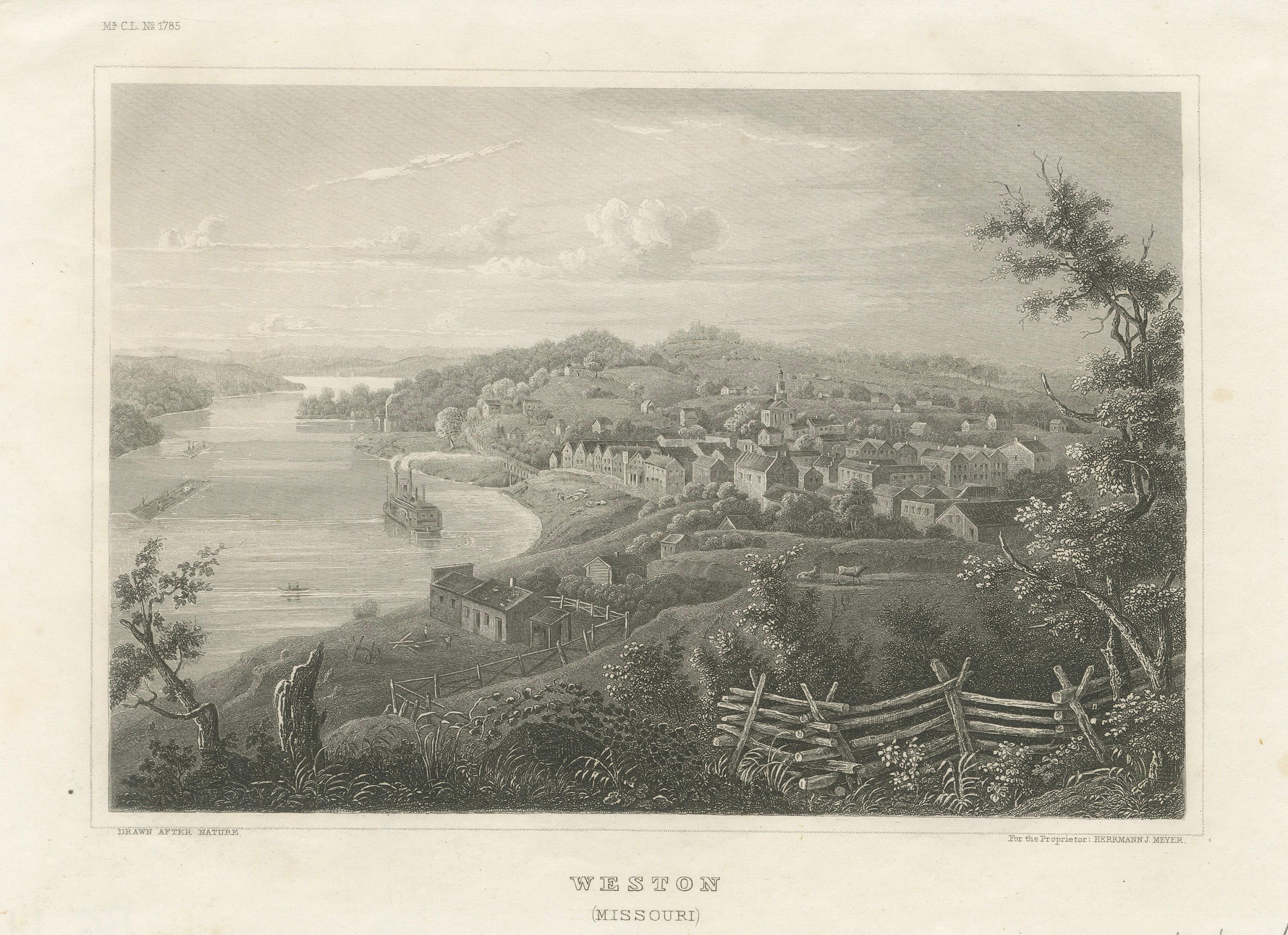 Weston Missouri River View Antique Print, Steamboat Landscape c.1850