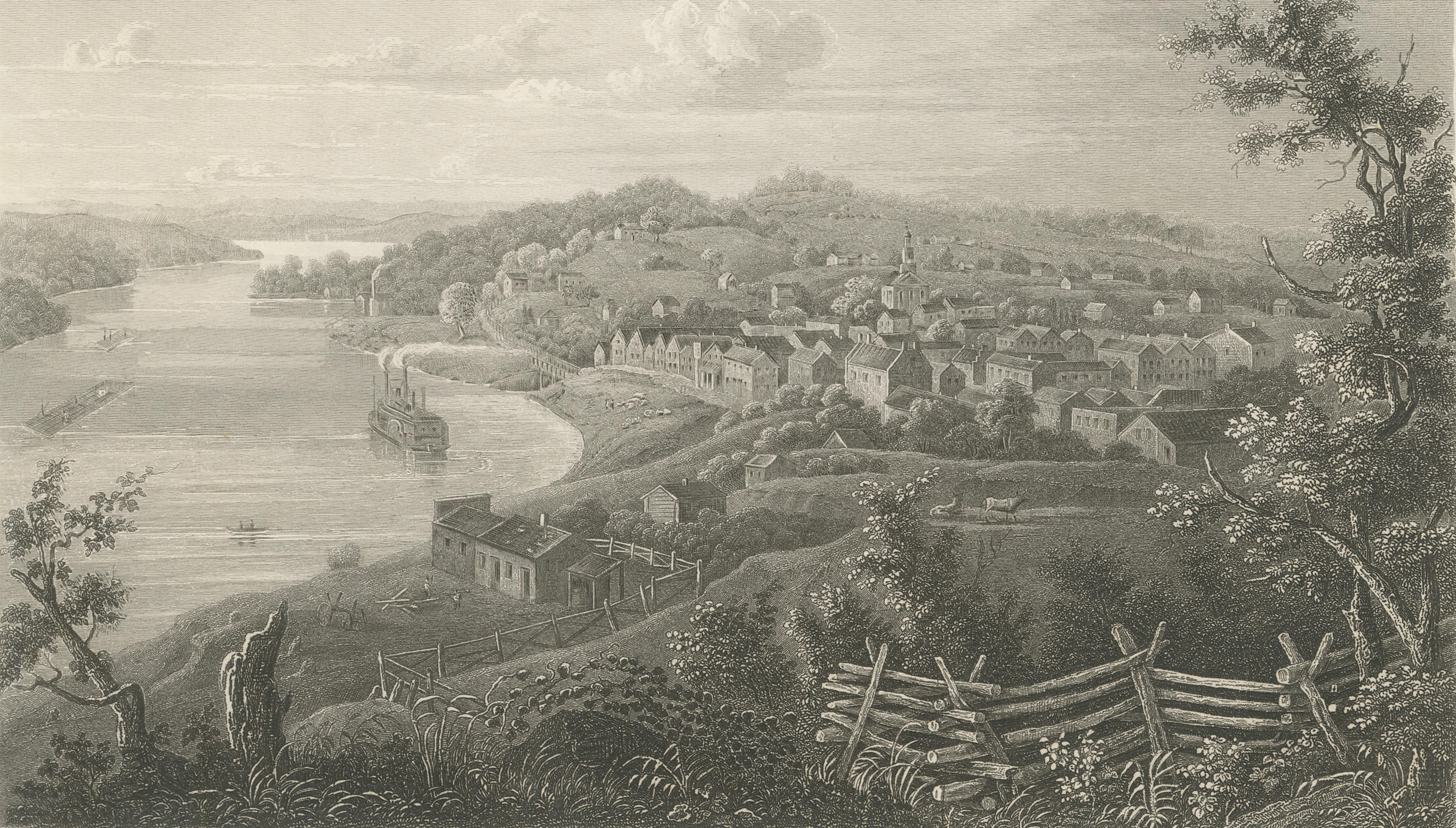 Weston Missouri River View Antique Print, Steamboat Landscape c.1850